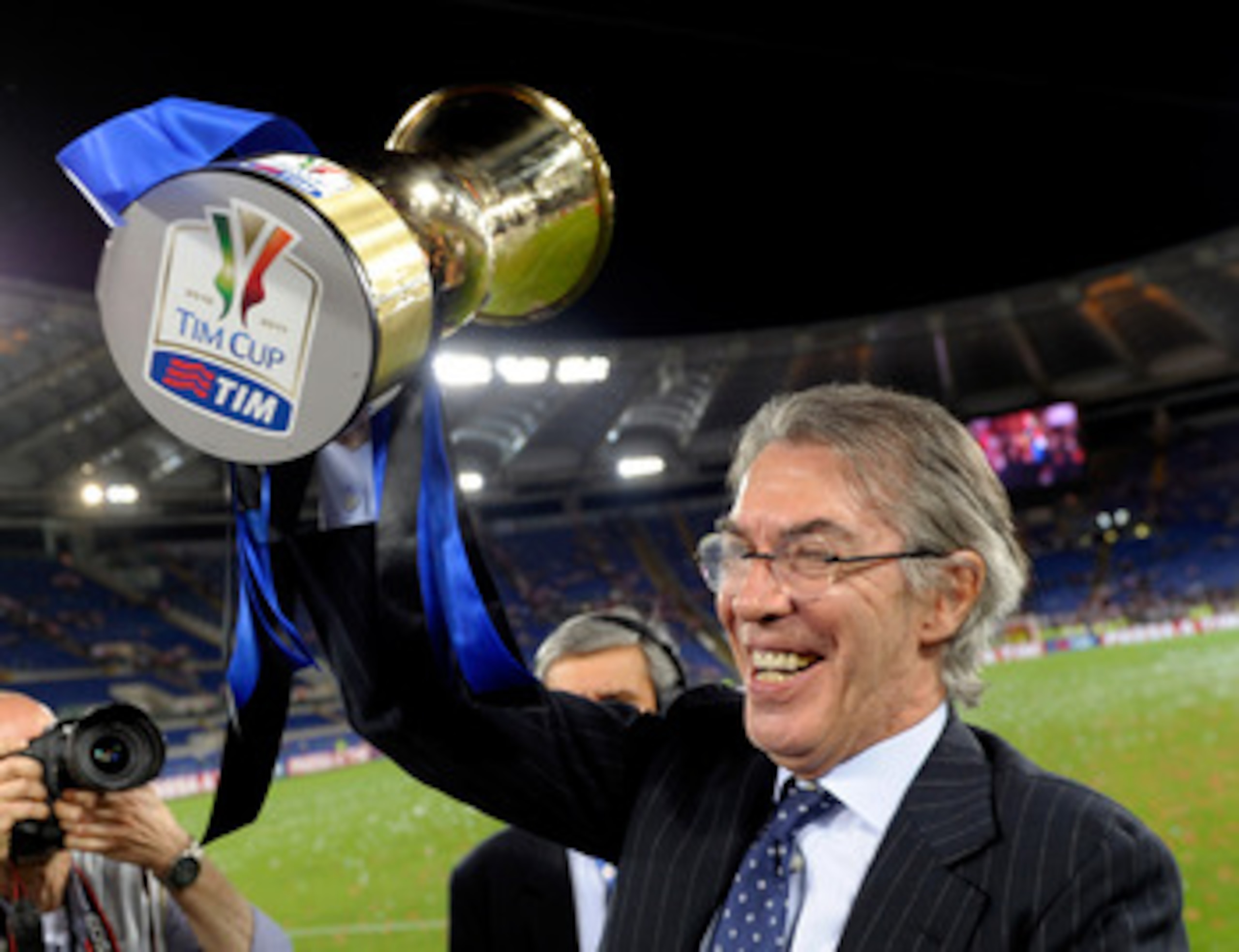 ROME, ITALY - MAY 29: FC Internazionale Milano President Massimo Moratti celebrates after victory in the Tim Cup final during the Tim Cup final between FC Internazionale Milano and US Citta di Palermo at Olimpico Stadium on May 29, 2011 in Rome, Italy. ROME, ITALY - MAY 29: FC Internazionale Milano President Massimo Moratti celebrates after victory in the Tim Cup final during the Tim Cup final between FC Internazionale Milano and US Citta di Palermo at Olimpico Stadium on May 29, 2011 in Rome, Italy.