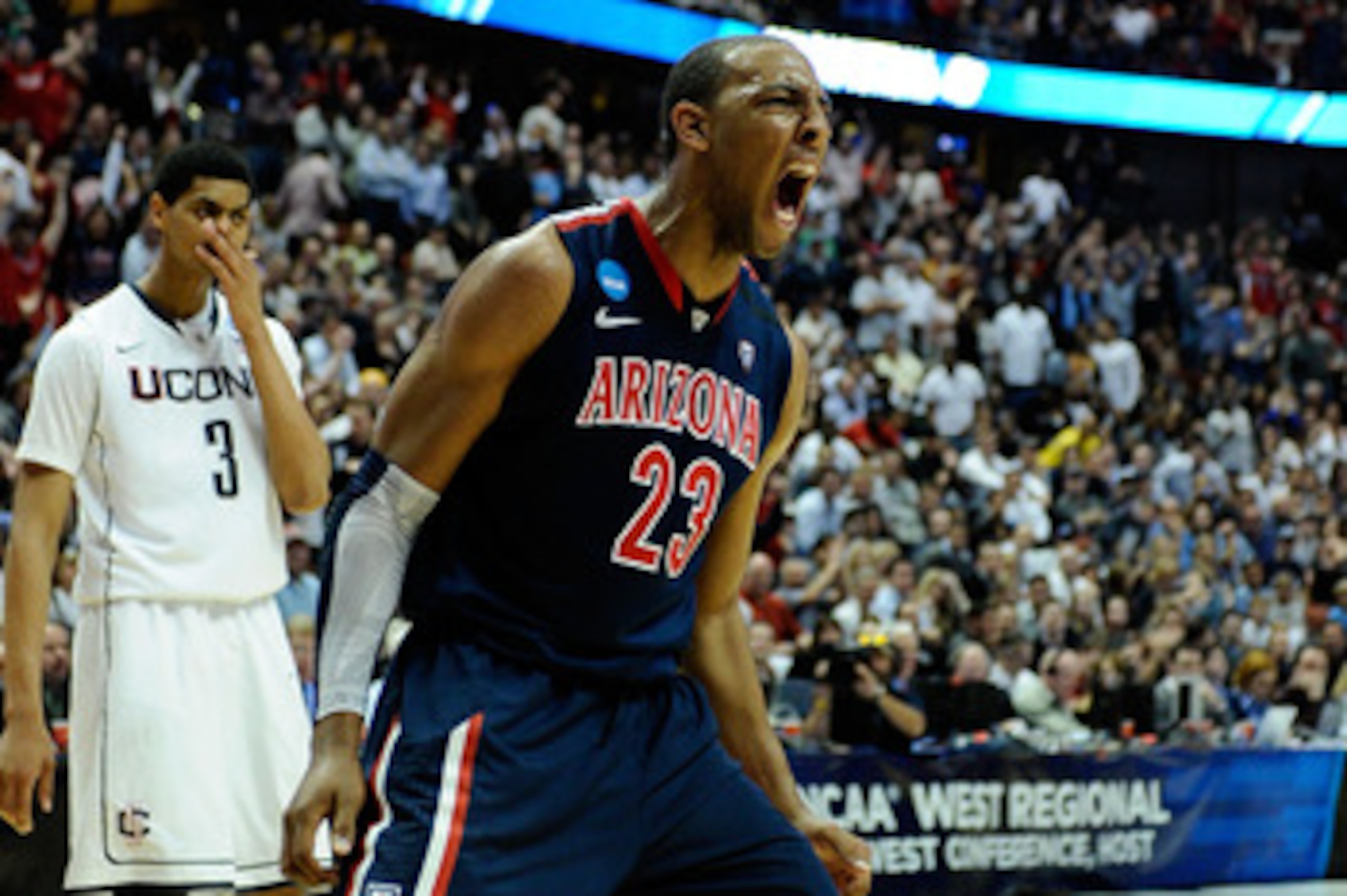 ANAHEIM, CA - MARCH 26:  Derrick Williams #23 of the Arizona Wildcats reacts after a dunk against of the Connecticut Huskies during the west regional final of the 2011 NCAA men's basketball tournament at the Honda Center on March 26, 2011 in Anaheim, Cali