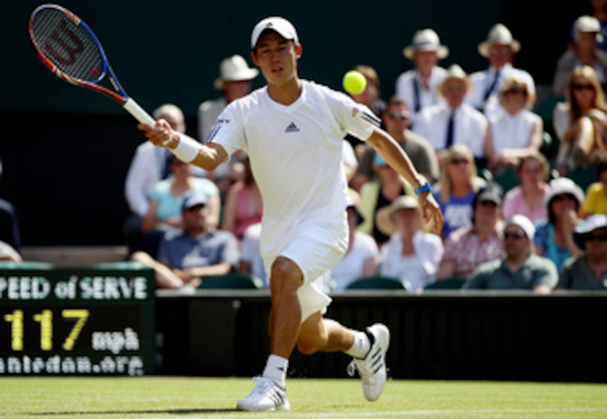 LONDON, ENGLAND - JUNE 22:  Kei Nishikori of Japan during the first round match against Rafael Nadal of Spain on Day Two of the Wimbledon Lawn Tennis Championships at the All England Lawn Tennis and Croquet Club on June 22, 2010 in London, England.  (Phot
