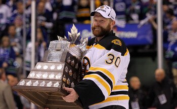 VANCOUVER, BC - JUNE 15:  Tim Thomas #30 of the Boston Bruins is awarded the Conn Smythe Trophy after defeating the Vancouver Canucks in Game Seven of the 2011 NHL Stanley Cup Final at Rogers Arena on June 15, 2011 in Vancouver, British Columbia, Canada.