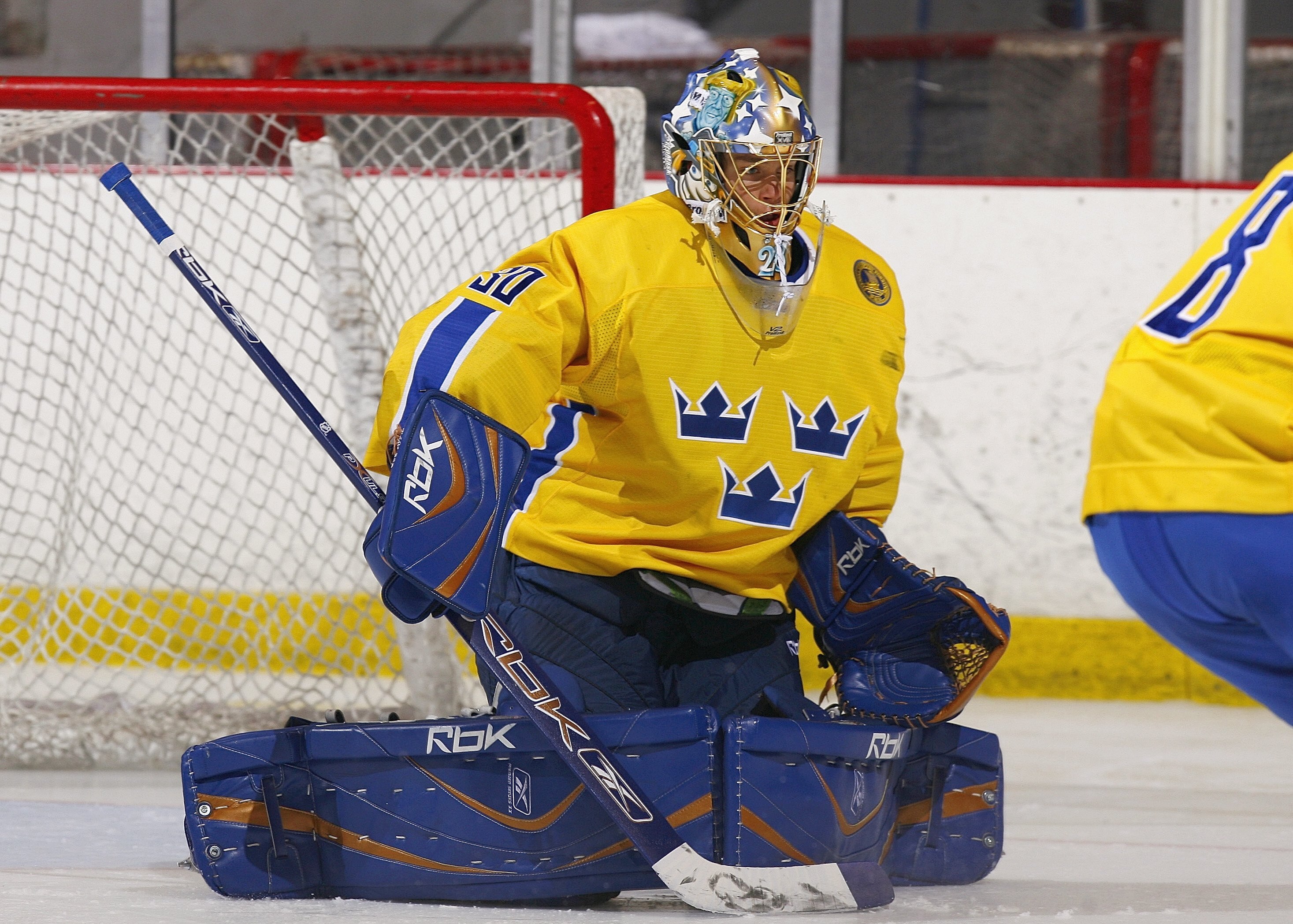 LAKE PLACID, NY - AUGUST 8:  Goaltender Eddie Lack #30 of Team Sweden defends his net against Team USA Blue during an exhibition game on August 8, 2007 at the 1980 Rink Herb Brooks Arena in Lake Placid, New York. Team USA Blue defeated Sweden 5-3. (Photo