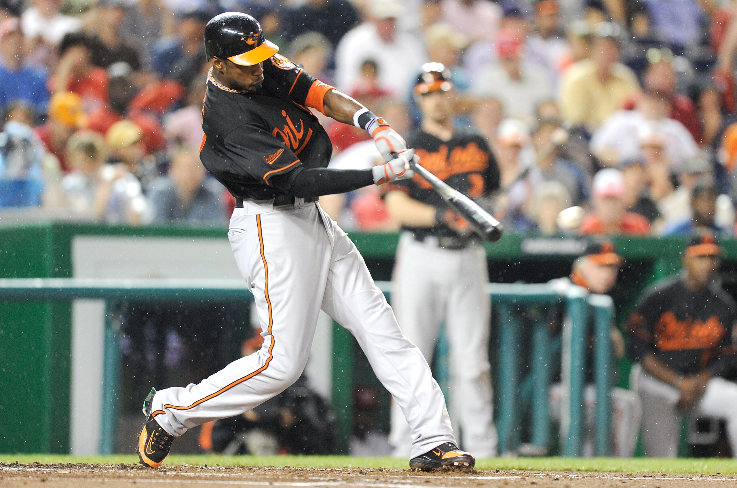 WASHINGTON, DC - JUNE 17: Adam Jones #10 of the Baltimore Orioles hits a double in the third inning against the Washington Nationals at Nationals Park on June 17, 2011 in Washington, DC. (Photo by Greg Fiume/Getty Images) WASHINGTON, DC - JUNE 17: Adam Jones #10 of the Baltimore Orioles hits a double in the third inning against the Washington Nationals at Nationals Park on June 17, 2011 in Washington, DC. (Photo by Greg Fiume/Getty Images)
