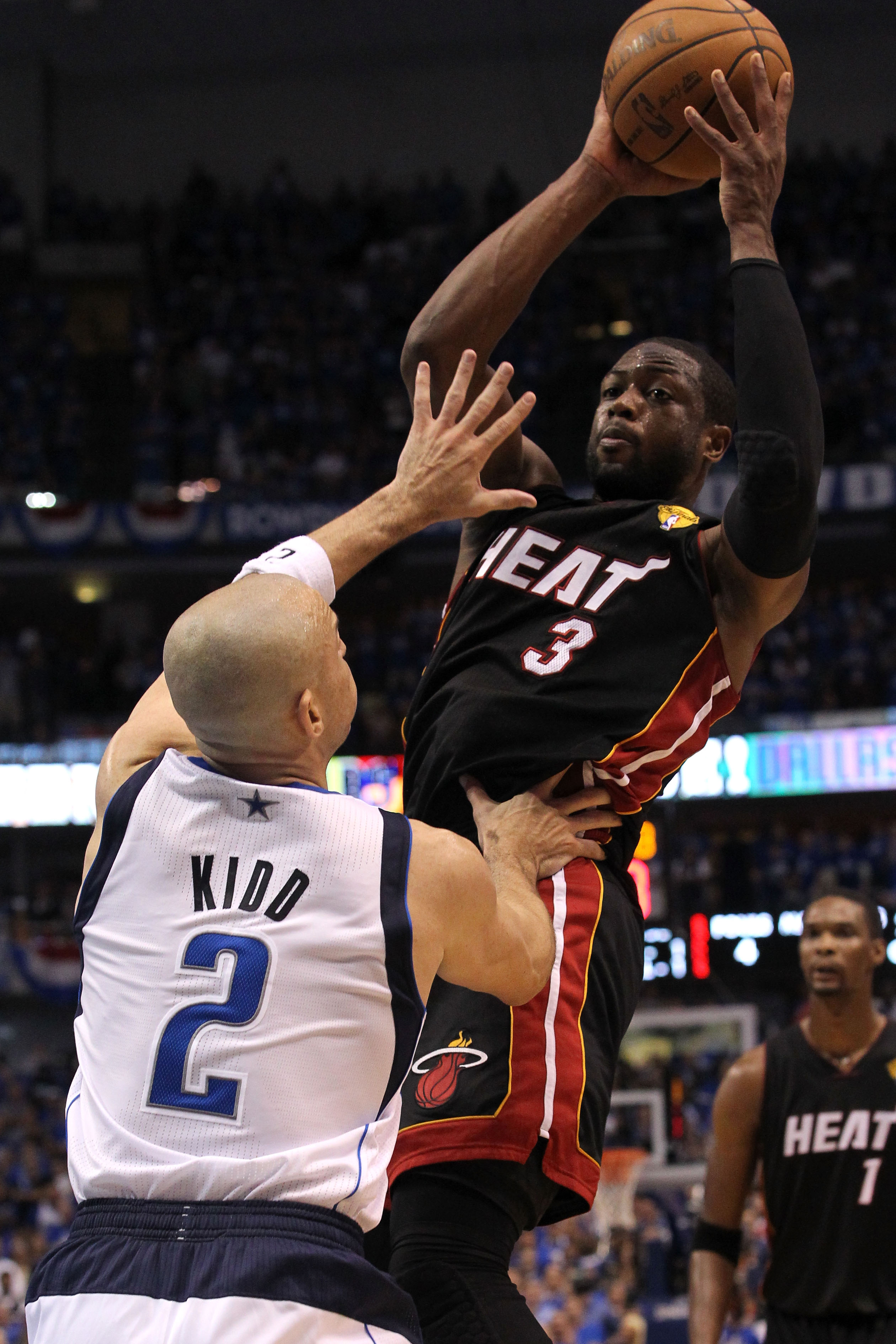 DALLAS, TX - JUNE 09:  Dwyane Wade #3 of the Miami Heat with the ball against Jason Kidd #2 of the Dallas Mavericks in Game Five of the 2011 NBA Finals at American Airlines Center on June 9, 2011 in Dallas, Texas.  NOTE TO USER: User expressly acknowledge