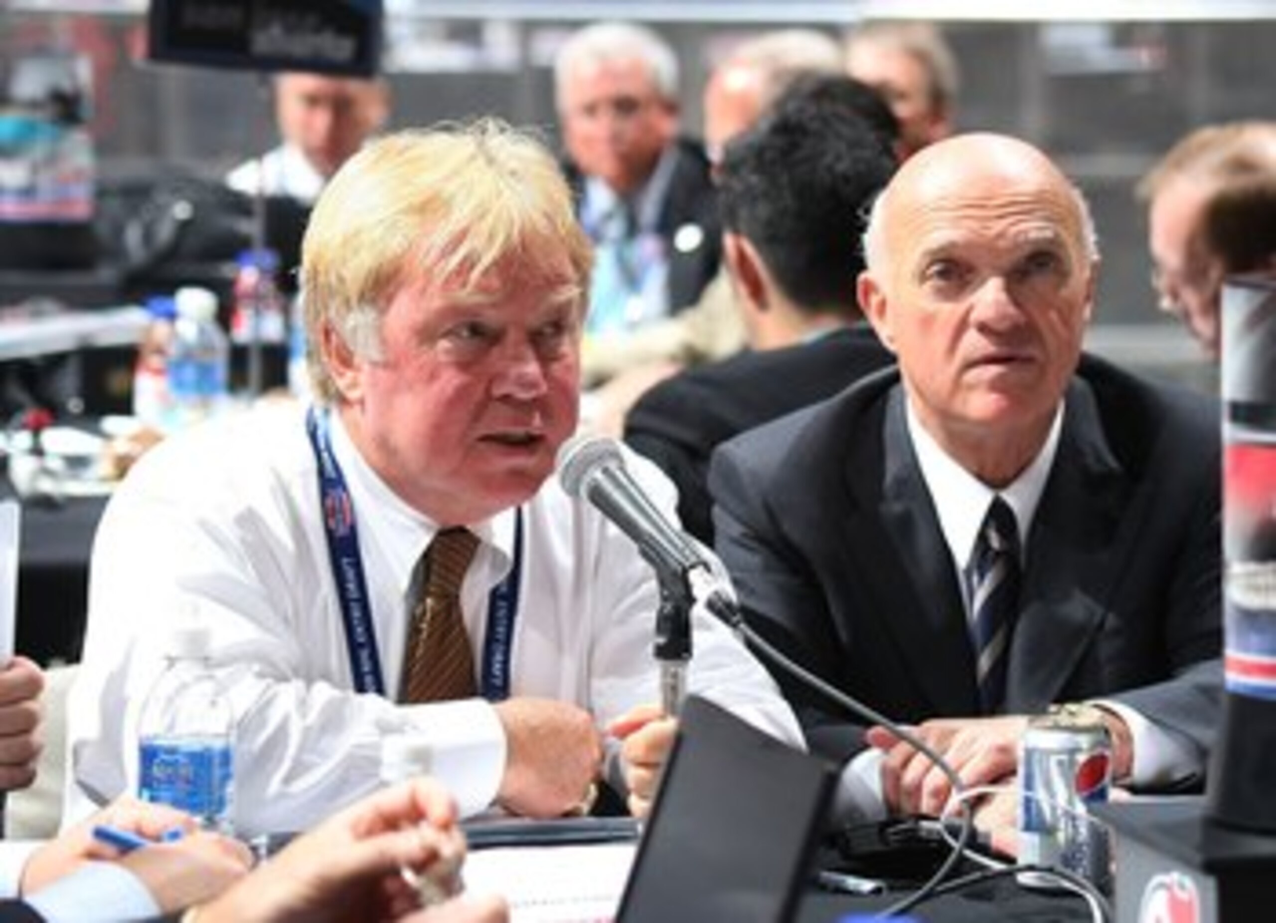 MONTREAL, QC - JUNE 27: (L-R) David Conte and Lou Lamoriello of the New Jersey Devils photographed during the 2009 NHL Entry Draft at the Bell Centre on June 27, 2009 in Montreal, Quebec, Canada. (Photo by Bruce Bennett/Getty Images)