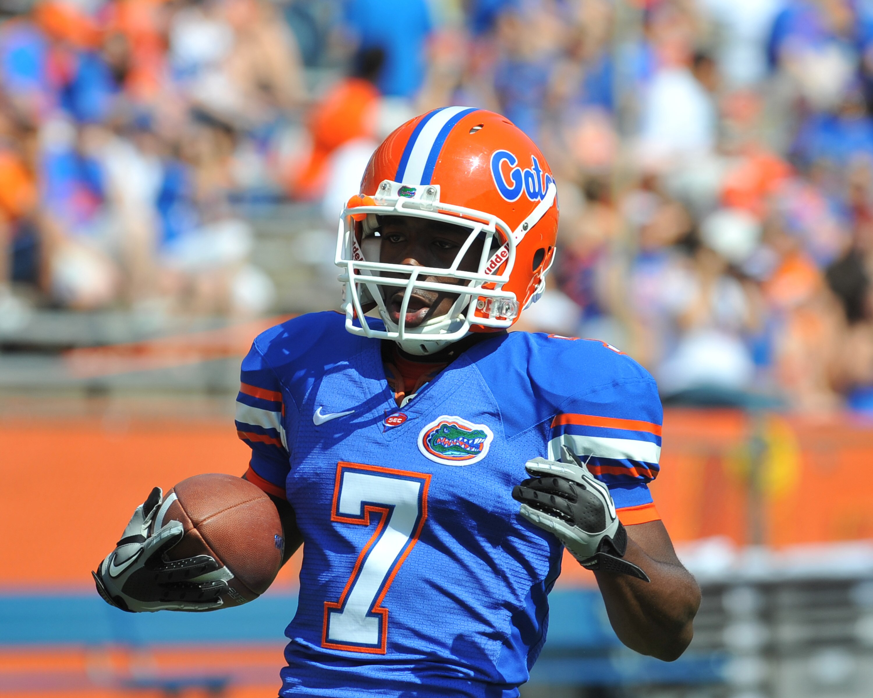 GAINESVILLE, FL - APRIL 9:  Wide receiver Robert Clark #7 of the Florida Gators runs to the end zone before the Orange and Blue spring football game April 9, 2011 at Ben Hill Griffin Stadium in Gainesville, Florida.  (Photo by Al Messerschmidt/Getty Image