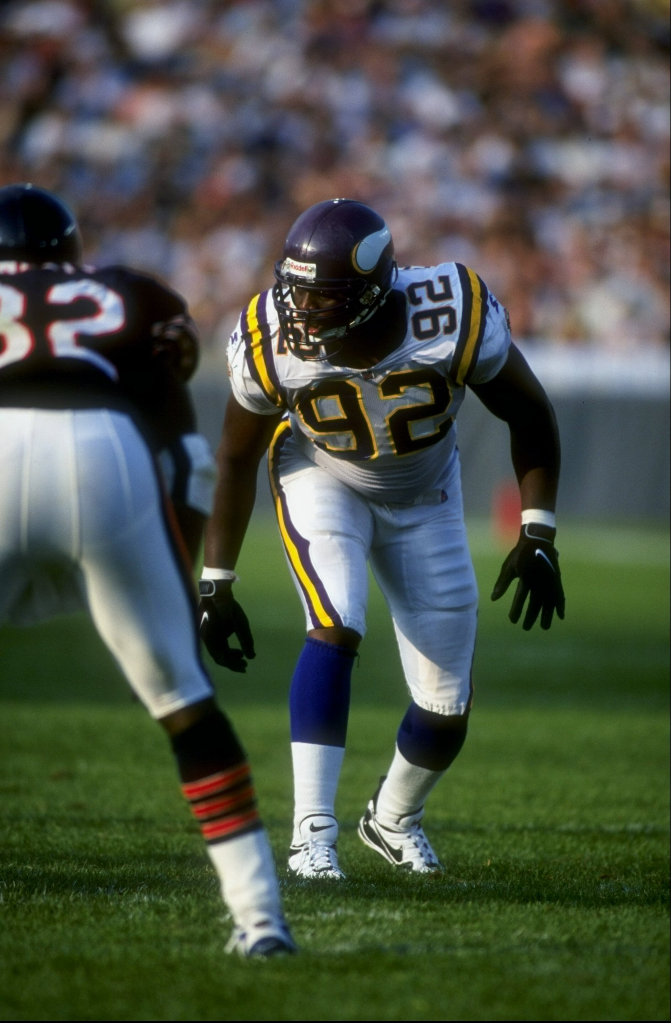 27 Sep 1998: Defensive end Duane Clemons #92 of the Minnesota Vikings lines up for a play during a game against the Chicago Bears at the Soldier Field in Chicago, Illinois. The Vikings defeated the Bears 31-28. 27 Sep 1998: Defensive end Duane Clemons #92 of the Minnesota Vikings lines up for a play during a game against the Chicago Bears at the Soldier Field in Chicago, Illinois. The Vikings defeated the Bears 31-28.
