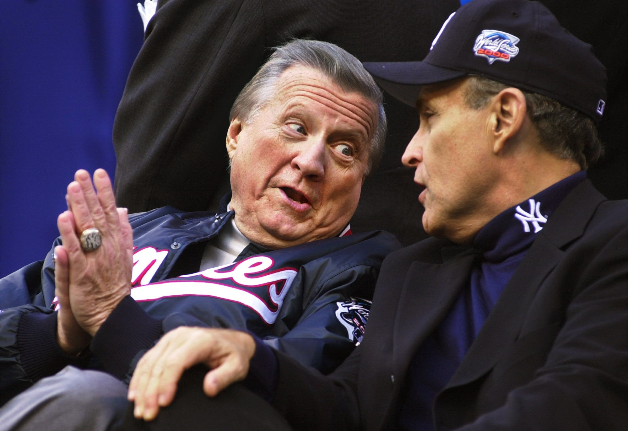 381058 13: New York City Mayor Rudy Giuliani, right, talks with New York Yankees owner George Steinbrenner October 30, 2000 after the Yankees'' victory parade in New York City. The Yankees defeated the New York Mets four-games-to-one last week in the city