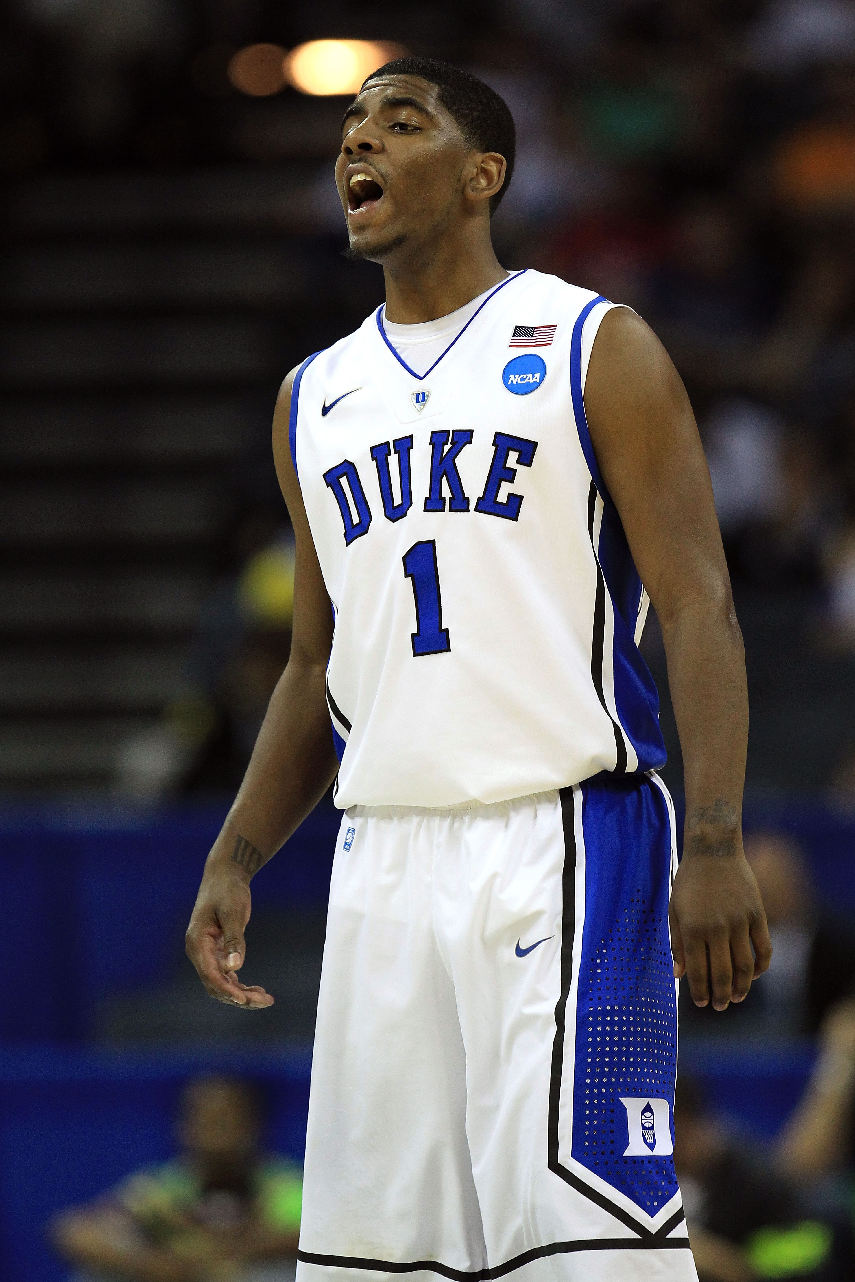 CHARLOTTE, NC - MARCH 18:  Kyrie Irving #1 of the Duke Blue Devils calls out in the second half while taking on the Hampton Pirates during the second round of the 2011 NCAA men's basketball tournament at Time Warner Cable Arena on March 18, 2011 in Charlo