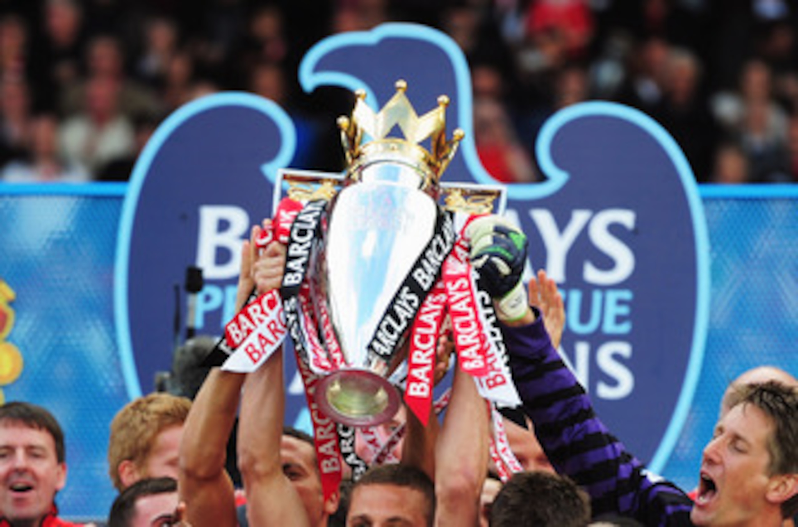 MANCHESTER, ENGLAND - MAY 22:  Captain Nemanja Vidic of Manchester United lifts the Premier League trophy after the Barclays Premier League match between Manchester United and Blackpool at Old Trafford on May 22, 2011 in Manchester, England. Manchester Un
