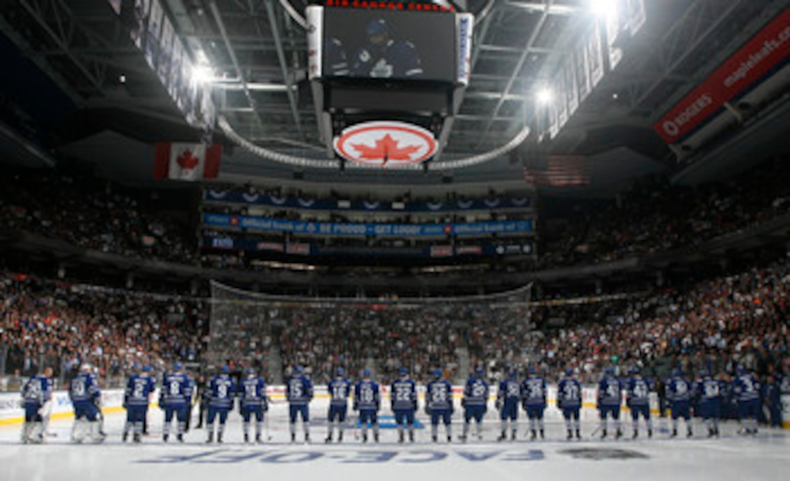 TORONTO, CANADA - OCTOBER 07: The Leaf team is introduced during an opening night pre-game ceremony before a regular season NHL game between the Toronto Maple Leafs and the Montreal Canadiens at the Air Canada Centre October 7, 2010 in Toronto, Ontario, TORONTO, CANADA - OCTOBER 07: The Leaf team is introduced during an opening night pre-game ceremony before a regular season NHL game between the Toronto Maple Leafs and the Montreal Canadiens at the Air Canada Centre October 7, 2010 in Toronto, Ontario,