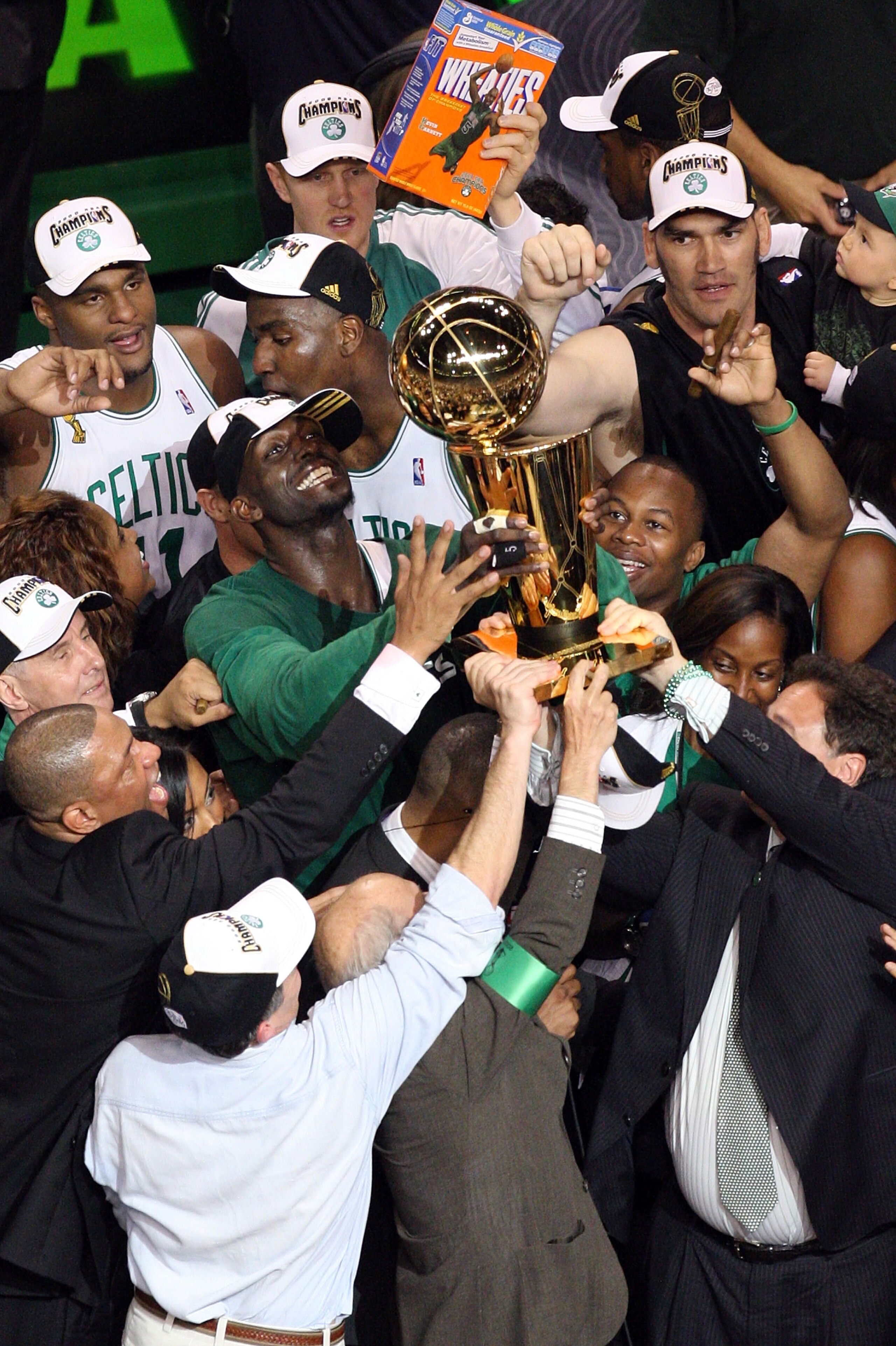 BOSTON - JUNE 17: Kevin Garnett #5 of the Boston Celtics celebrates with the Larry O'Brien trophy after defeating the Los Angeles Lakers in Game Six of the 2008 NBA Finals on June 17, 2008 at TD Banknorth Garden in Boston, Massachusetts. NOTE TO USER: Us BOSTON - JUNE 17: Kevin Garnett #5 of the Boston Celtics celebrates with the Larry O'Brien trophy after defeating the Los Angeles Lakers in Game Six of the 2008 NBA Finals on June 17, 2008 at TD Banknorth Garden in Boston, Massachusetts. NOTE TO USER: Us