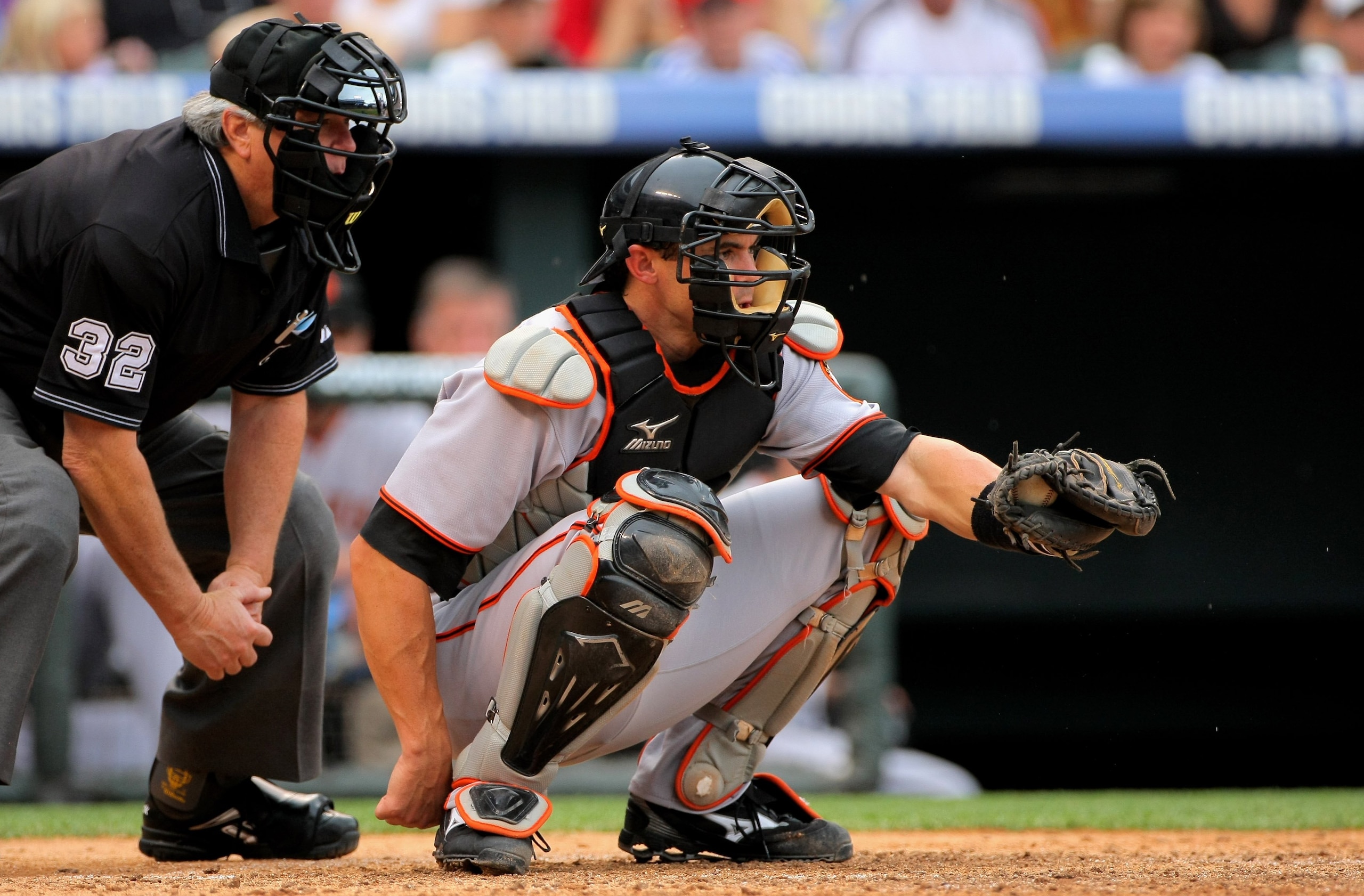 DENVER - JULY 26:  Catcher Eli Whiteside #22 of the San Francisco Giants backs up the plate against the Colorado Rockies at Coors Field on July 26, 2009 in Denver, Colorado. The Rockies defeated the Giants 4-2..  (Photo by Doug Pensinger/Getty Images)