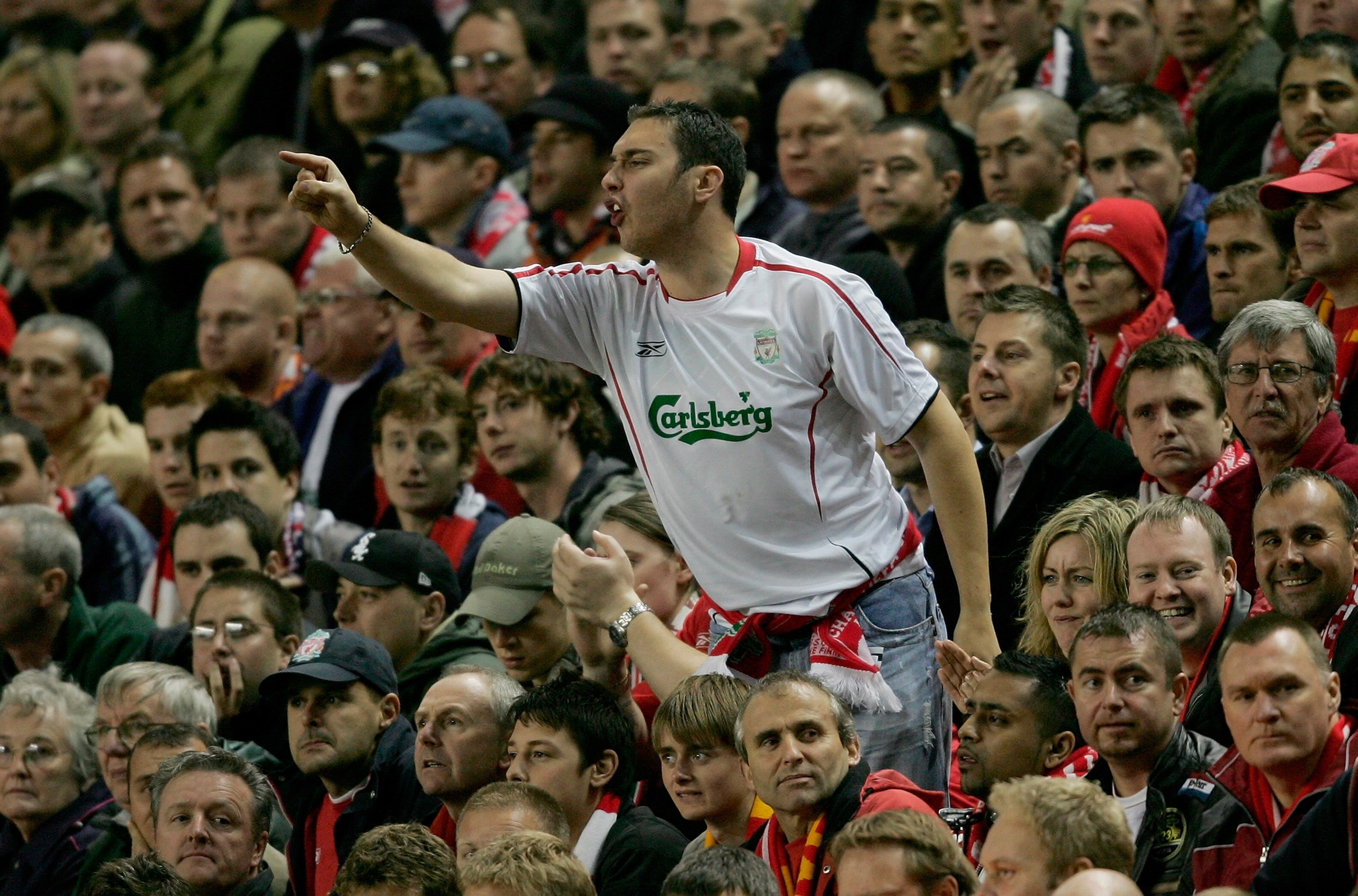 LIVERPOOL, UNITED KINGDOM - SEPTEMBER 28: A Liverpool fan shows his feelings during the UEFA Champions League Group G match between Liverpool v Chelsea at Anfield on September 28, 2005 in Liverpool, England.  (Photo by Shaun Botterill/Getty Images)