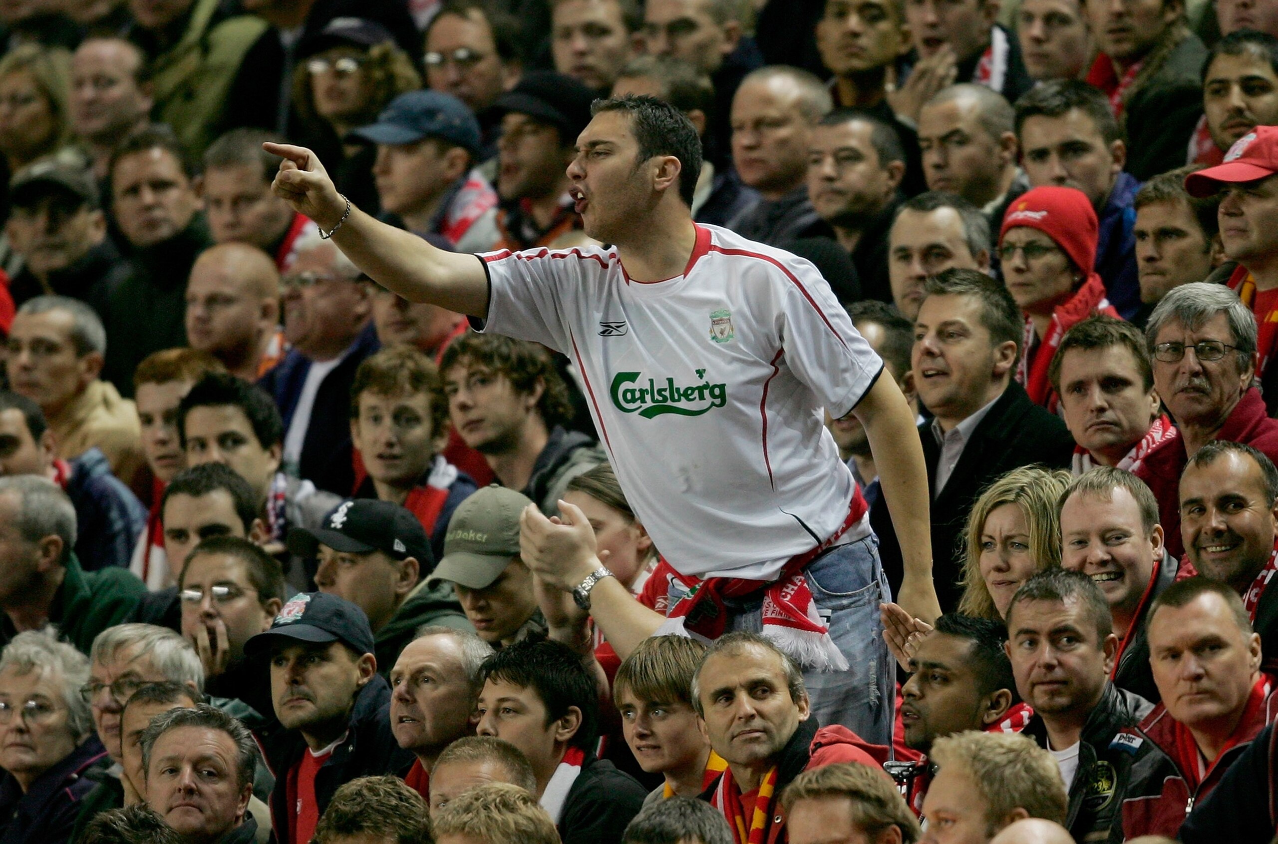 LIVERPOOL, UNITED KINGDOM - SEPTEMBER 28: A Liverpool fan shows his feelings during the UEFA Champions League Group G match between Liverpool v Chelsea at Anfield on September 28, 2005 in Liverpool, England. (Photo by Shaun Botterill/Getty Images) LIVERPOOL, UNITED KINGDOM - SEPTEMBER 28: A Liverpool fan shows his feelings during the UEFA Champions League Group G match between Liverpool v Chelsea at Anfield on September 28, 2005 in Liverpool, England. (Photo by Shaun Botterill/Getty Images)
