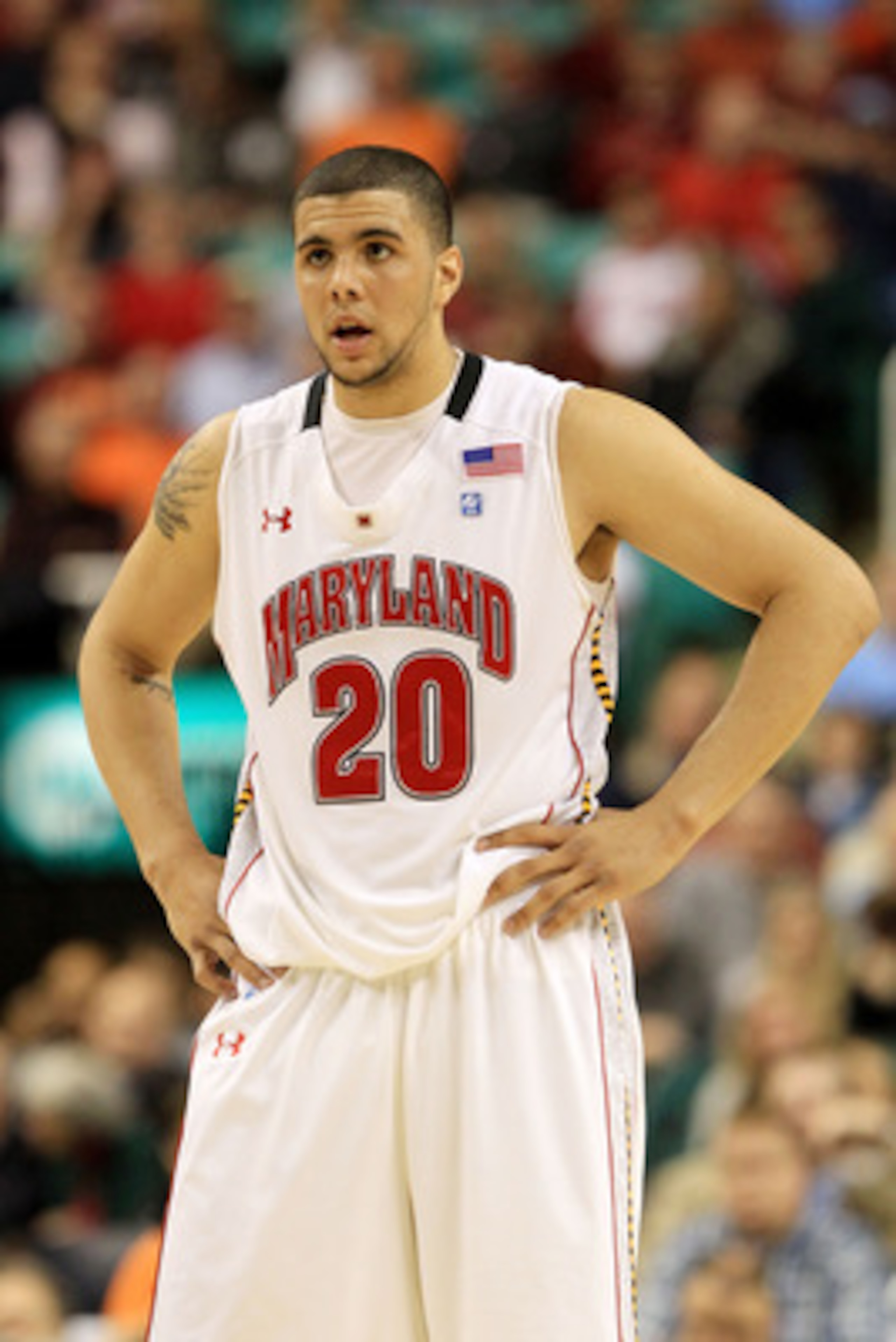 GREENSBORO, NC - MARCH 10:  Jordan Williams #20 of the Maryland Terrapins looks on while playing against the North Carolina State Wolfpack during the first round of the 2011 ACC men's basketball tournament at the Greensboro Coliseum on March 10, 2011 in G