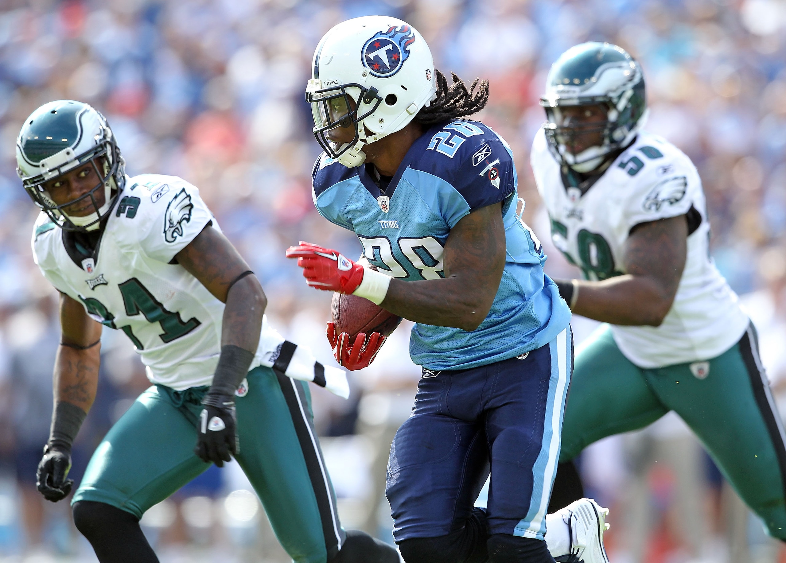 NASHVILLE, TN - OCTOBER 24:  Chris Johnson #28 of the Tennessee Titans runs with the ball during the NFL game against the Philadelphia Eagles at LP Field on October 24, 2010 in Nashville, Tennessee. The Titans won 37-19.  (Photo by Andy Lyons/Getty Images