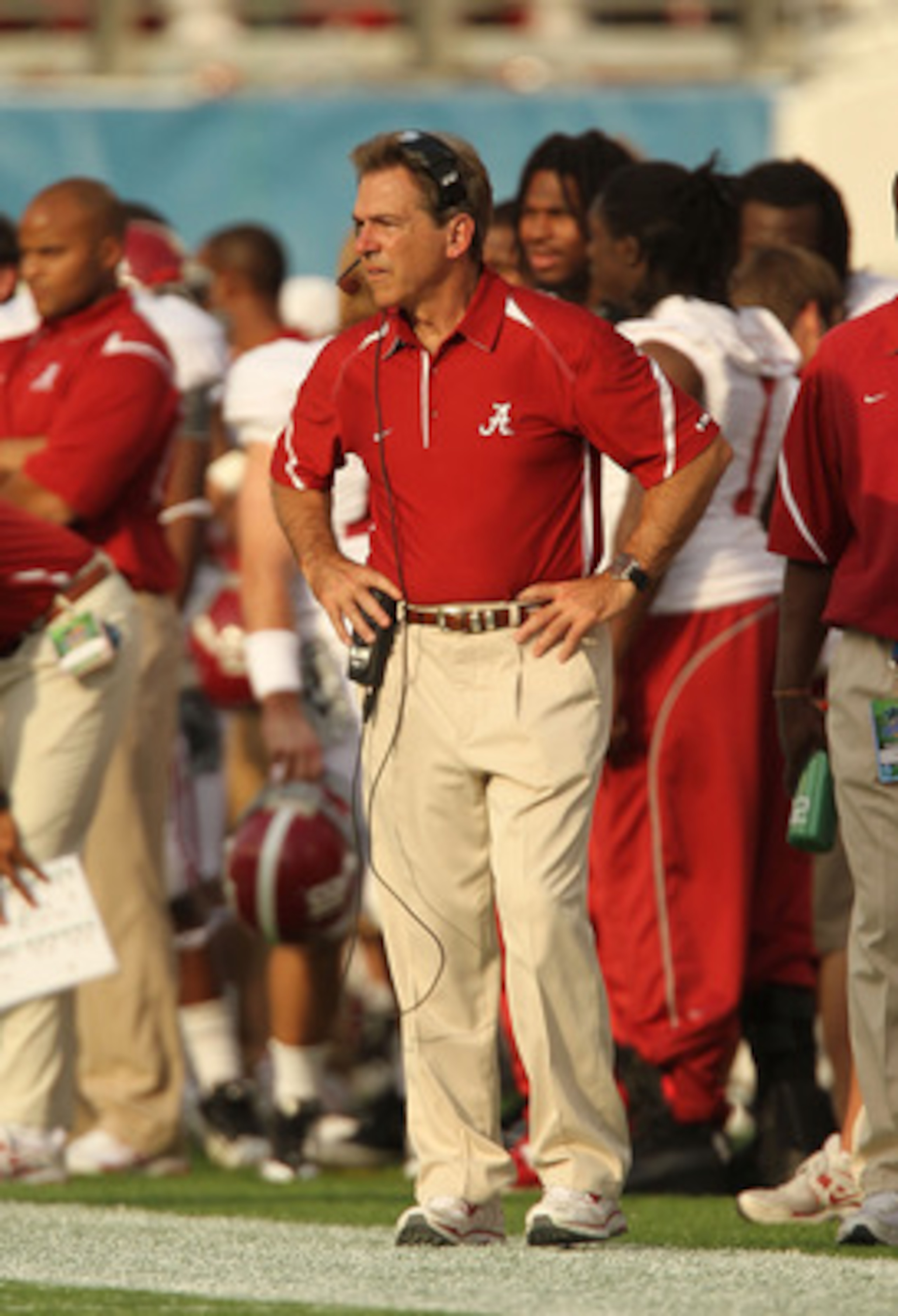 ORLANDO, FL - JANUARY 01:  Alabama Crimson Tide Head Coach Nick Saban stands on the sideline during the Capitol One Bowl against the Michigan State Spartans at the Florida Citrus Bowl on January 1, 2011 in Orlando, Florida.  (Photo by Mike Ehrmann/Getty I