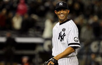 NEW YORK - OCTOBER 09:  Mariano Rivera #42 of the New York Yankees smiles after the Yankees won 6-1 against the Minnesota Twins during Game Three of the ALDS part of the 2010 MLB Playoffs at Yankee Stadium on October 9, 2010 in the Bronx borough of New Yo