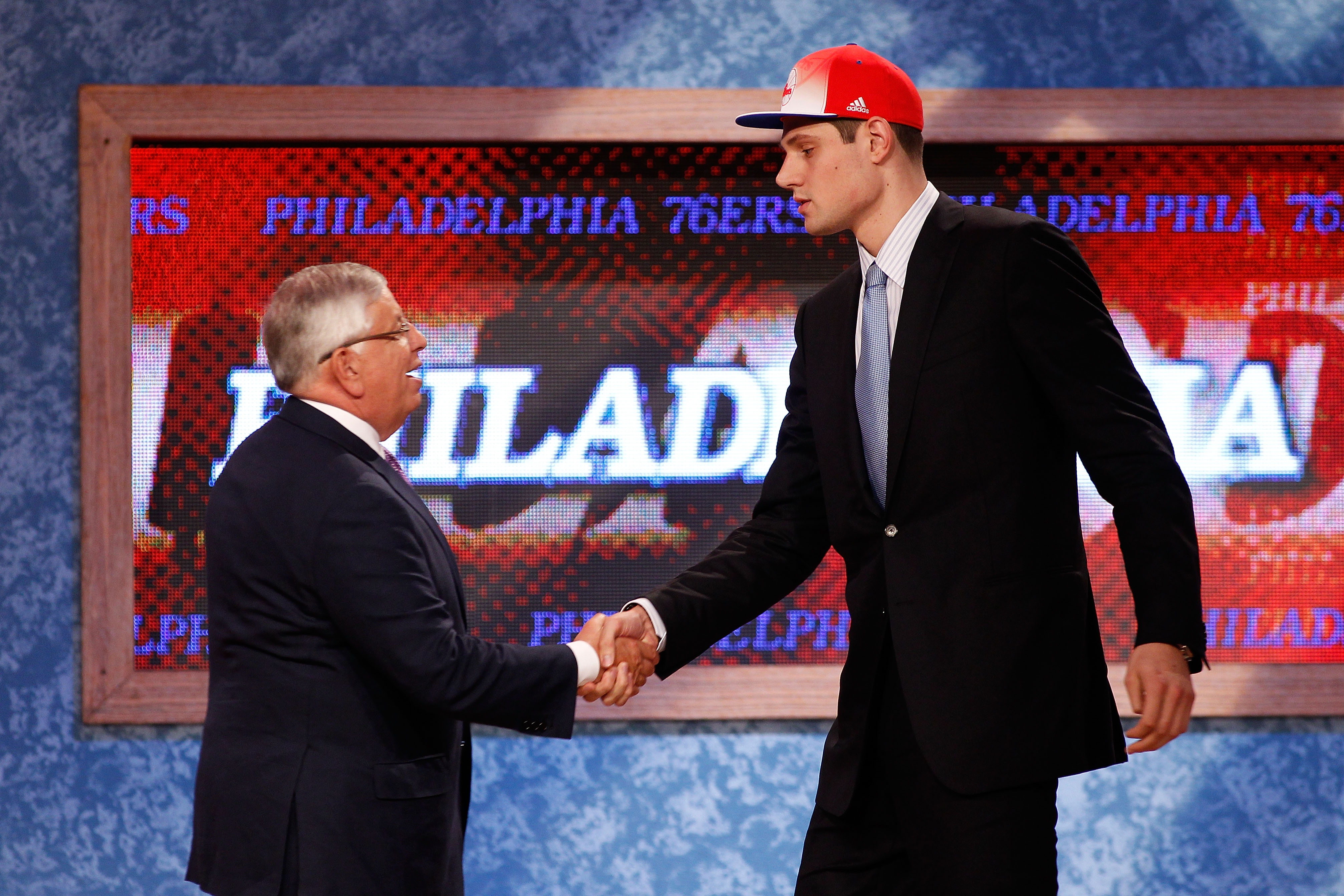 NEWARK, NJ - JUNE 23:  Nikola Vucevic from USC greets NBA Commissioner David Stern after he was selected #16 overall by the Philadelphia 76ers in the first round during the 2011 NBA Draft at the Prudential Center on June 23, 2011 in Newark, New Jersey.  N