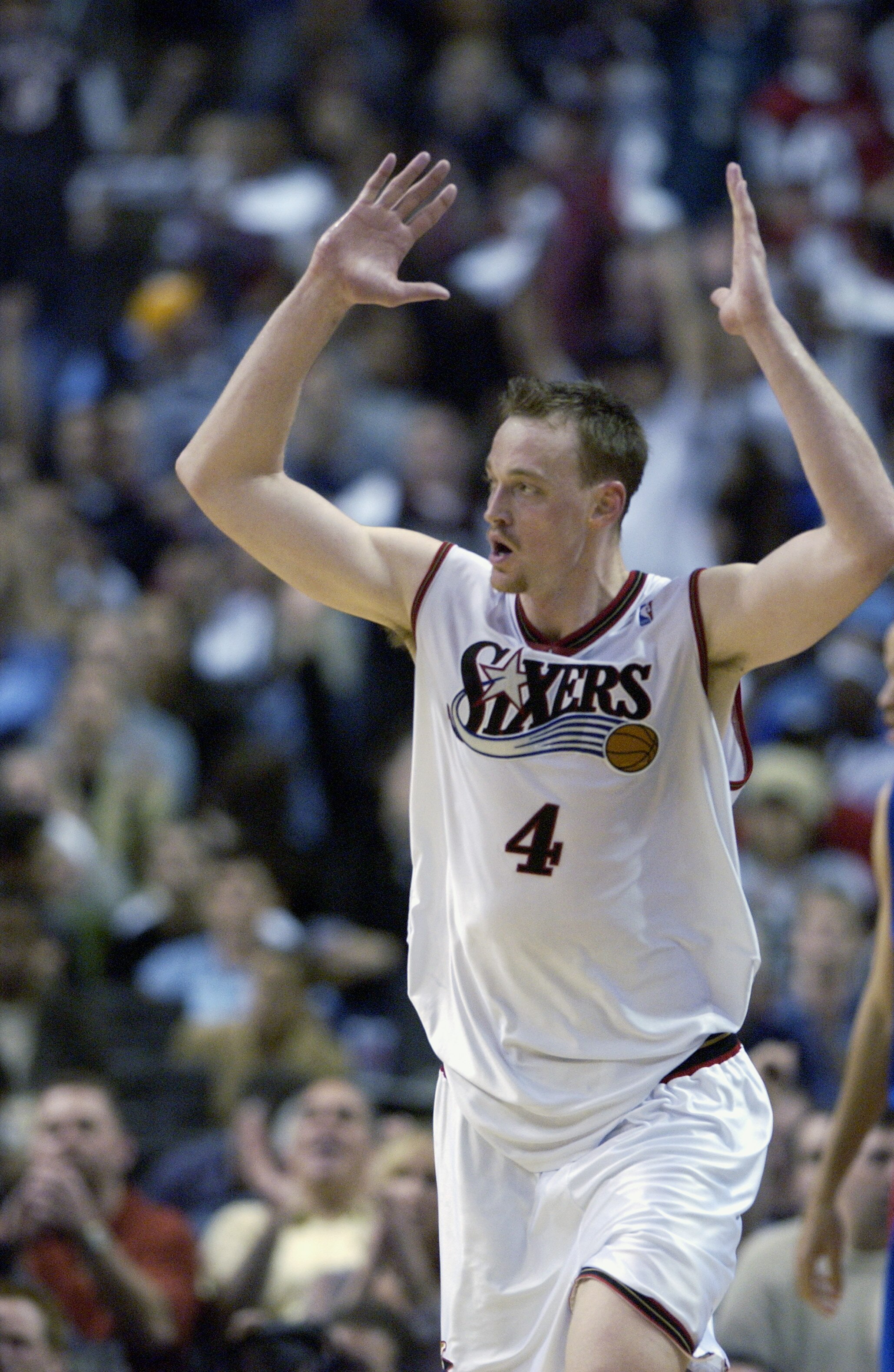 PHILADELPHIA - MAY 10:  Keith Van Horn #4 of the Philadelphia 76ers celebrates in Game three of the Eastern Conference Semifinals against the Detroit Pistons during the 2003 NBA Playoffs at First Union Center on May 10, 2003 in Philadelphia, Pennsylvania.