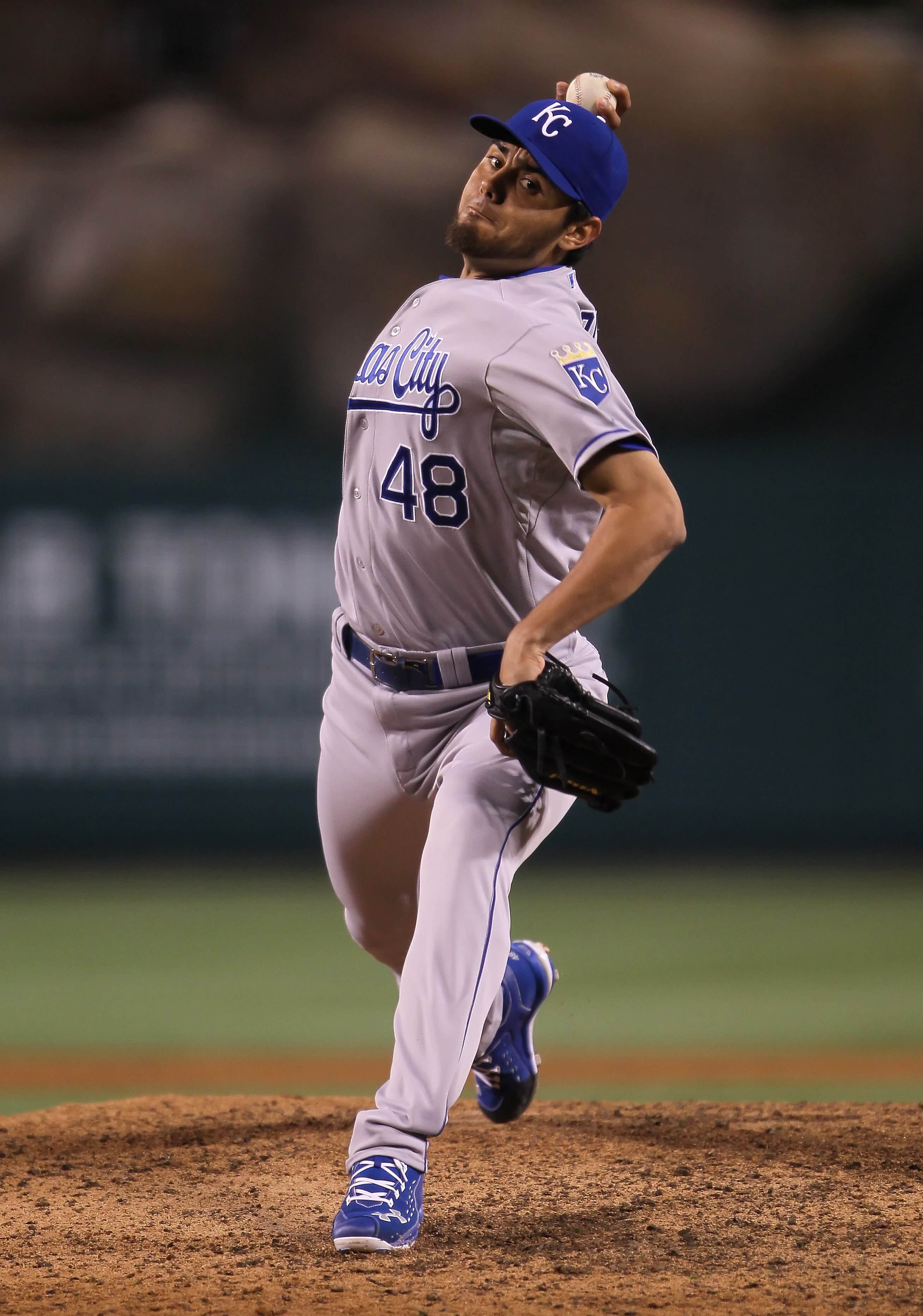 ANAHEIM, CA - JUNE 10:  Joakim Soria #48 of the Kansas City Royals pitches against the Los Angeles Angels of Anaheim at Angel Stadium of Anaheim on June 10, 2011 in Anaheim, California.  (Photo by Jeff Gross/Getty Images)