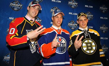 LOS ANGELES, CA - JUNE 25: (L-R) Erik Gudbranson, drafted third overall by the Florida Panthers, Taylor Hall, drafted #1 overall by the Edmonton Oilers and Tyler Seguin, drafted second overall by the Boston Bruins pose during the 2010 NHL Entry Draft at S