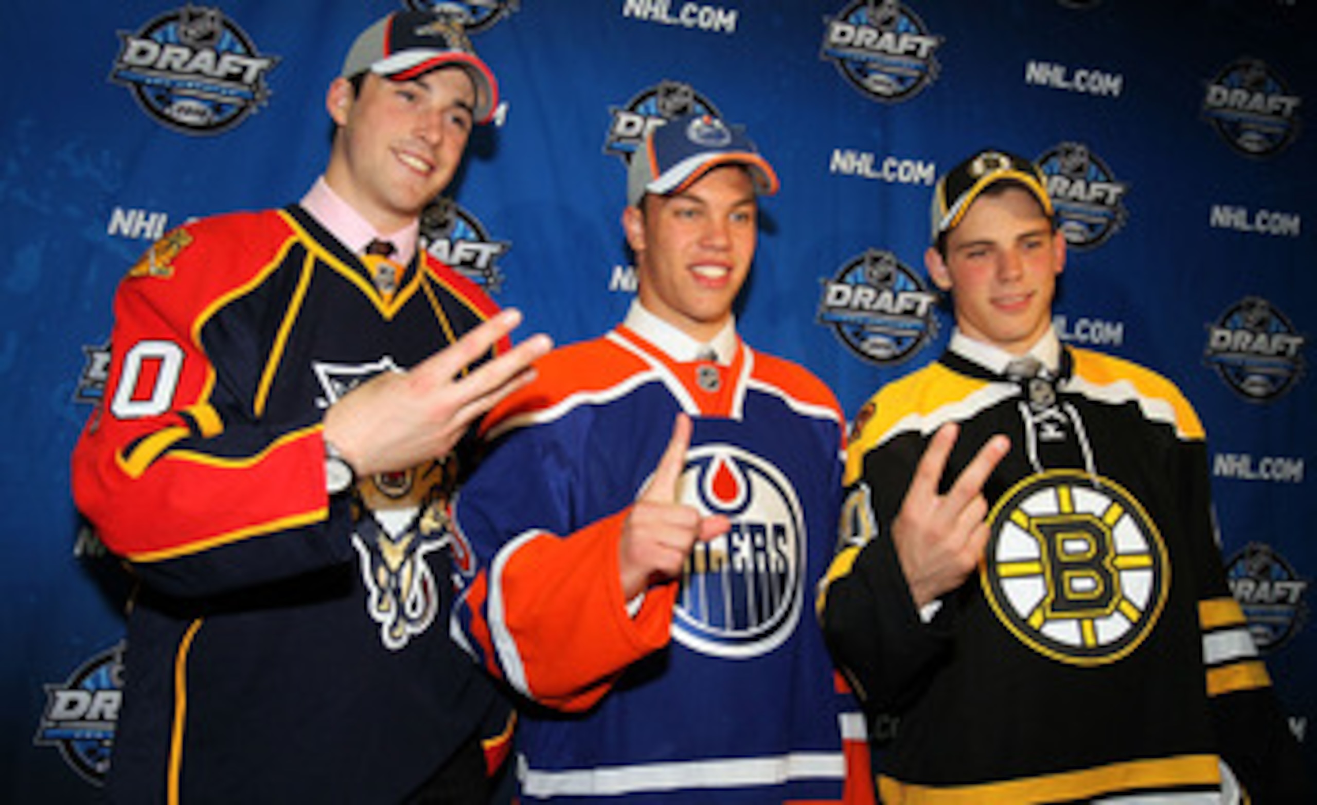 LOS ANGELES, CA - JUNE 25: (L-R) Erik Gudbranson, drafted third overall by the Florida Panthers, Taylor Hall, drafted #1 overall by the Edmonton Oilers and Tyler Seguin, drafted second overall by the Boston Bruins pose during the 2010 NHL Entry Draft at S