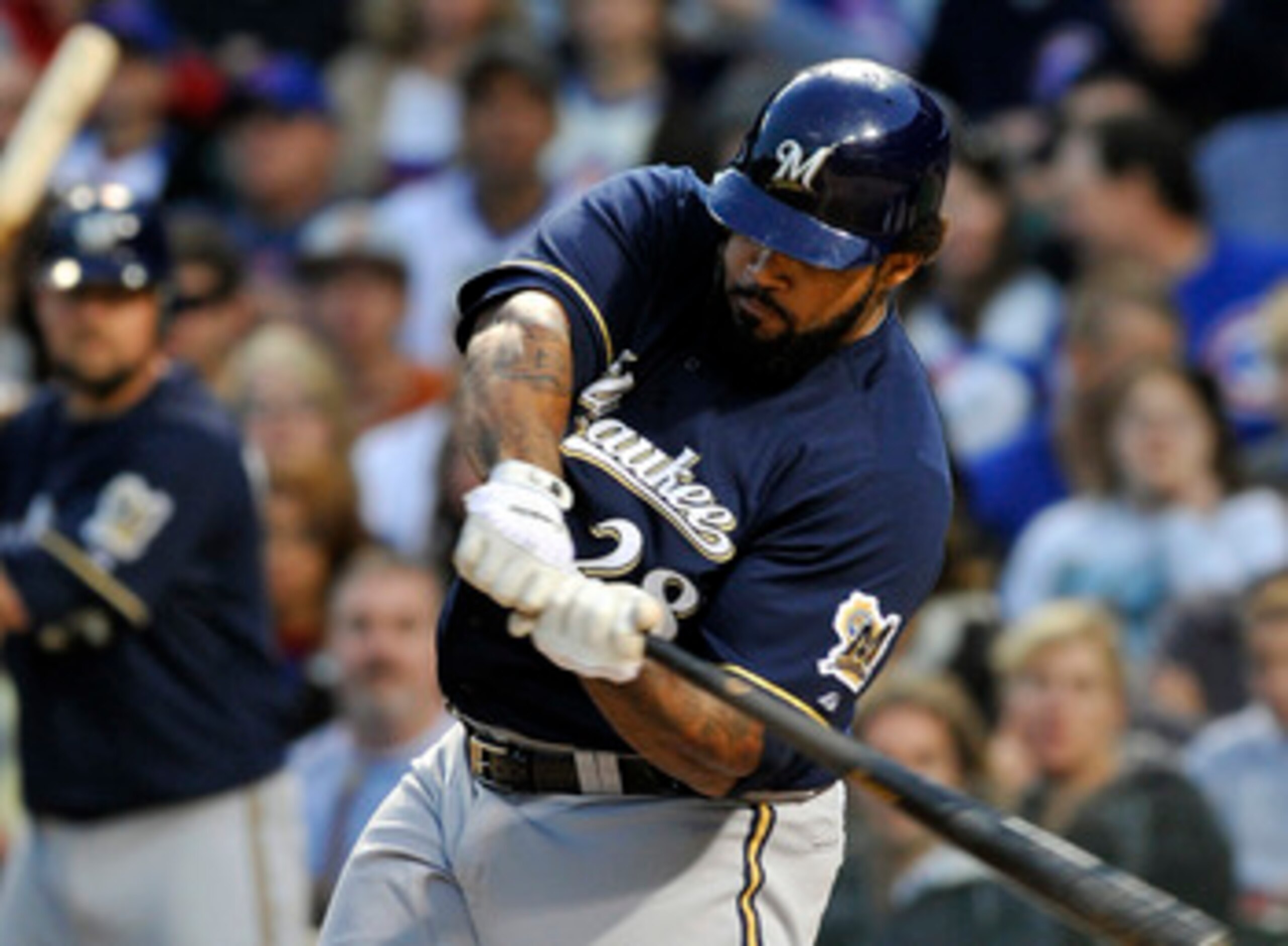 CHICAGO, IL - JUNE 13: Prince Fielder # 28 of the Milwaukee Brewers bats against the Chicago Cubs on June 13, 2011 at Wrigley Field in Chicago, Illinois.  The Cubs defeated the Brewers 1-0.  (Photo by David Banks/Getty Images)