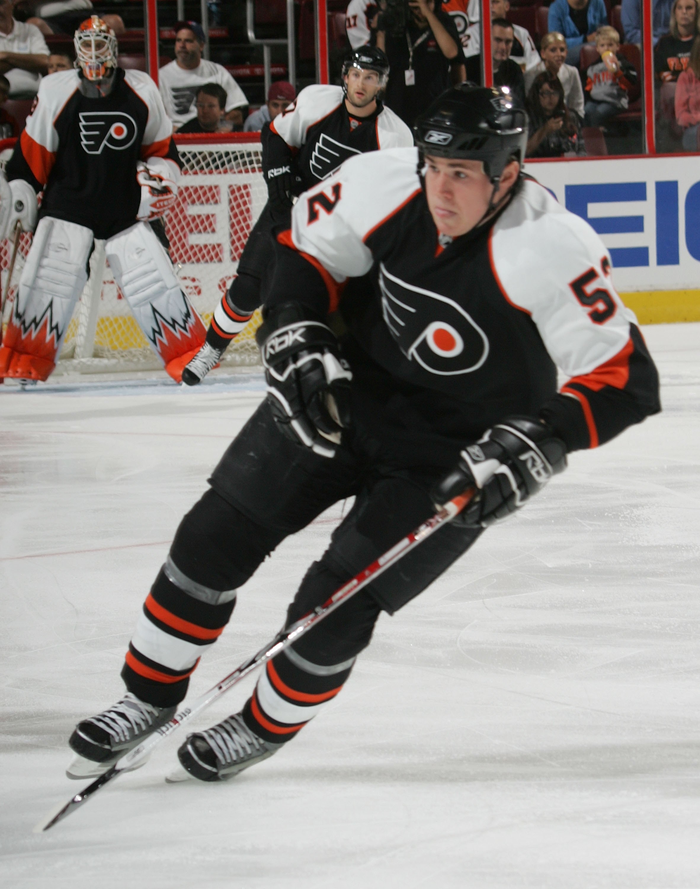 PHILADELPHIA - SEPTEMBER 22: Matt Clackson #52 of the Philadelphia Flyers skates against the New Jersey Devils on September 22, 2008 at the Wachovia Center in Philadelphia, Pennsylvania. The Flyers defeated the Devils 4-1. (Photo by Bruce Bennett/Getty Im