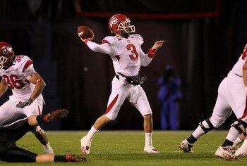 SAN DIEGO - NOVEMBER 20:  Quarterback Jordan Wynn #3 of the Utah Utes throws a pass against the San Diego State Aztecs at Qualcomm Stadium on November 20, 2010 in San Diego, California.  Utah won 38-34.  (Photo by Stephen Dunn/Getty Images)