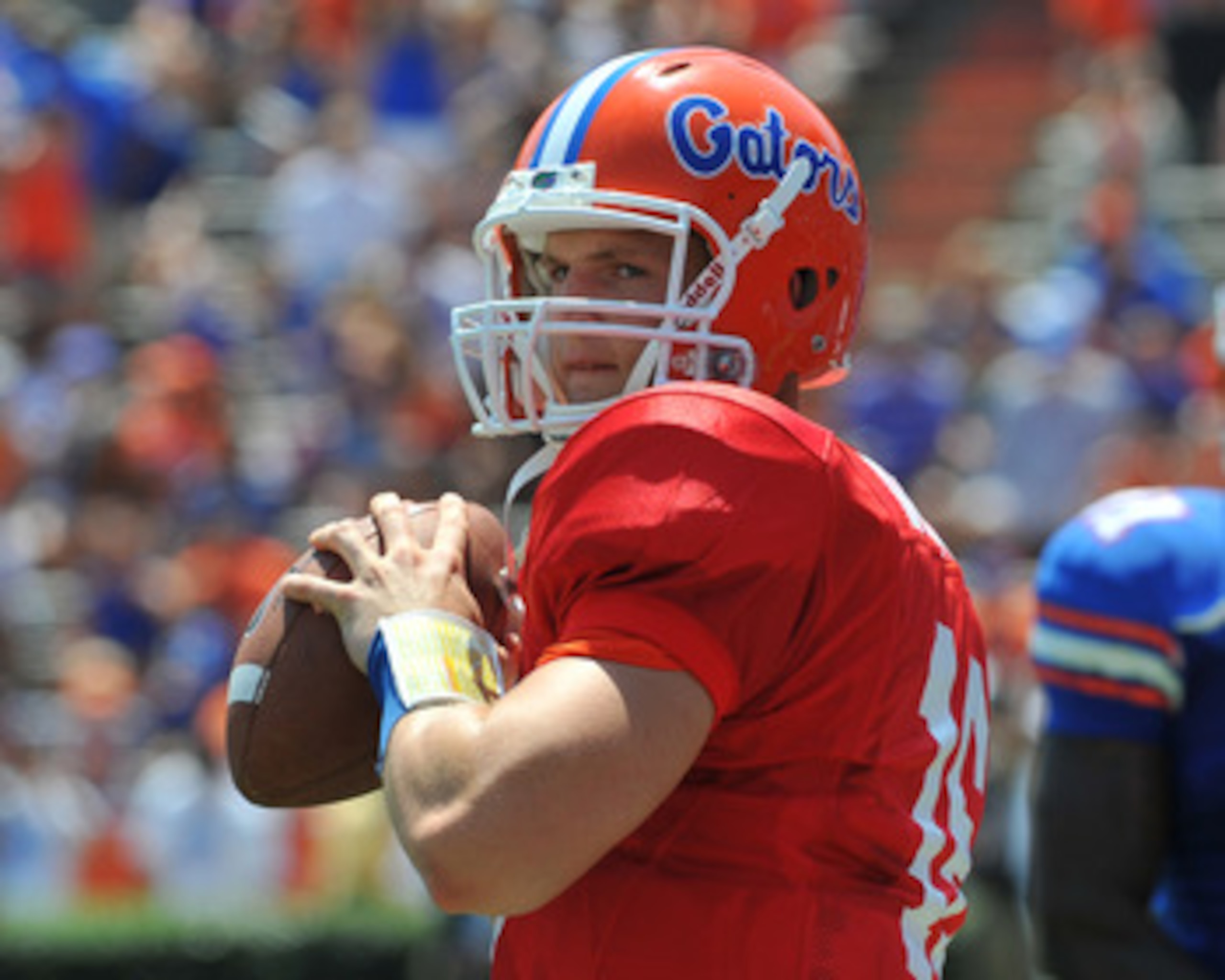 GAINESVILLE, FL - APRIL 9:  Quarterback John Brantley #12 of the Florida Gators warms up at halftime during the Orange and Blue spring football game April 9, 2011 at Ben Hill Griffin Stadium in  Gainesville, Florida.  (Photo by Al Messerschmidt/Getty Imag