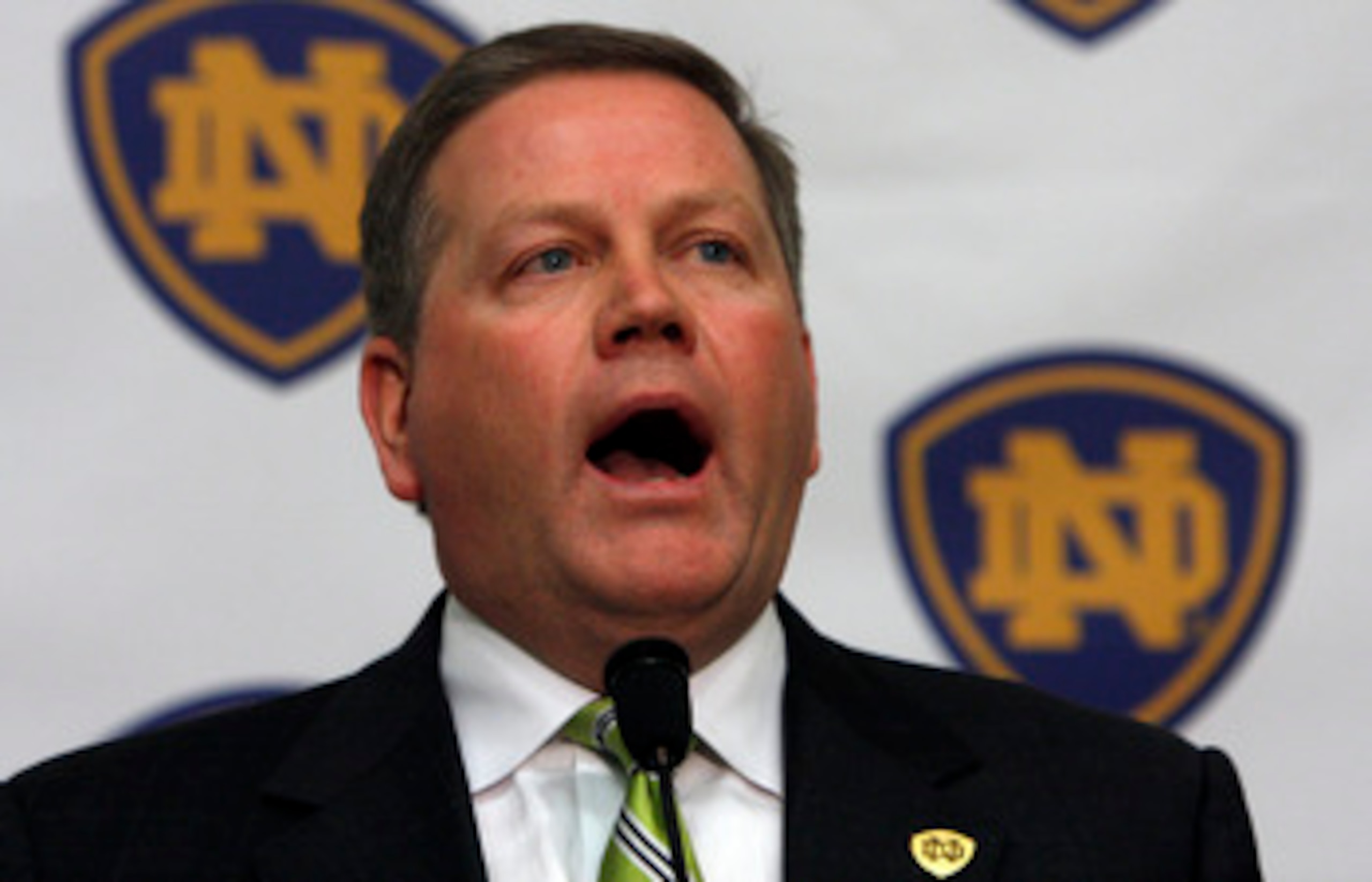 SOUTH BEND, IN - DECEMBER 11: Brian Kelly attends a press conference where he was named new football head coach at Notre Dame University on December 11, 2009 in South Bend, Indiana.  Kelly most recently led the University of Cincinnati to two consecutive
