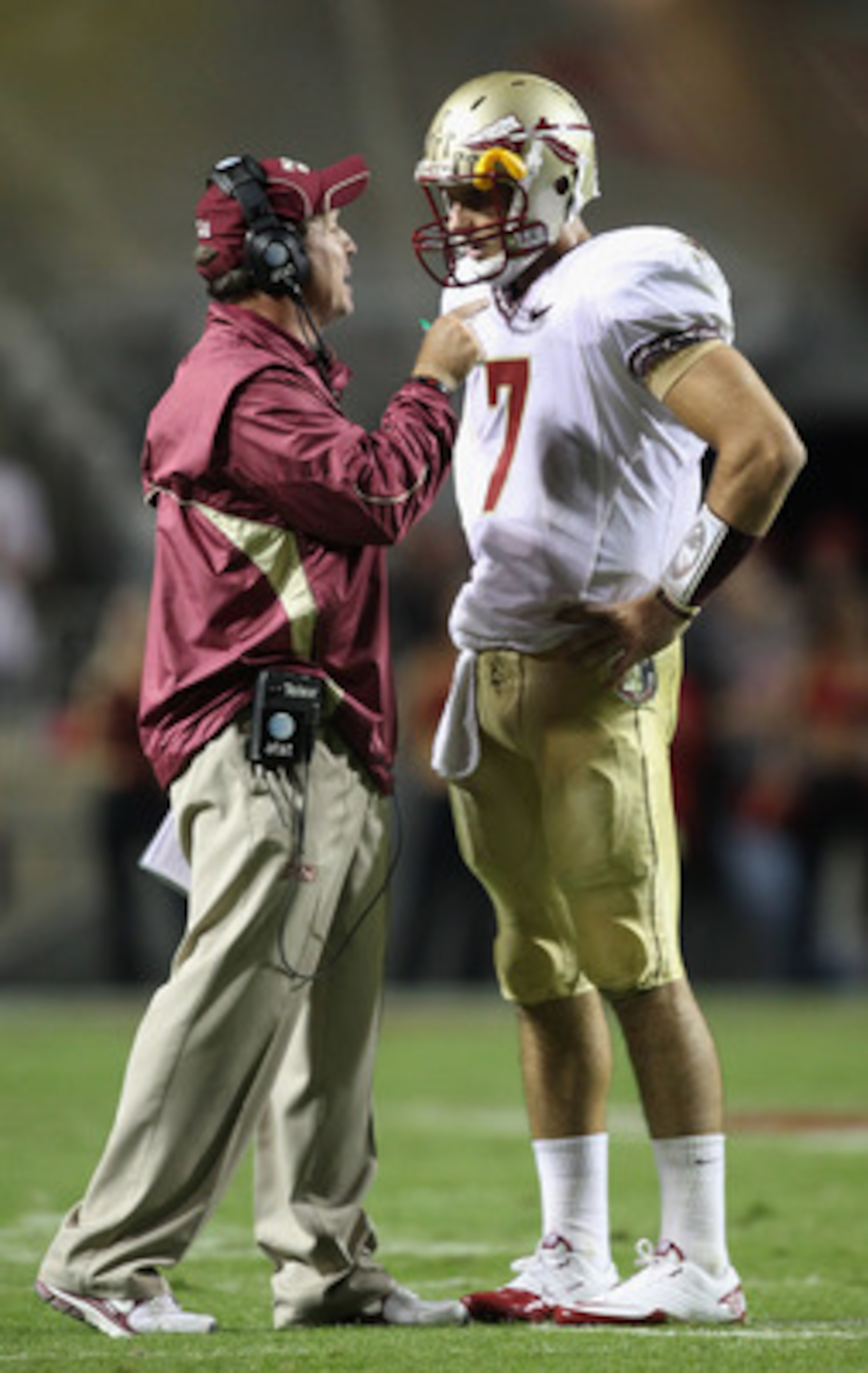 RALEIGH, NC - OCTOBER 28:  Head coach Jimbo Fisher and quarterback Christian Ponder #7 of the Florida State Seminoles prepare for a play against the North Carolina State Wolfpack at Carter-Finley Stadium on October 28, 2010 in Raleigh, North Carolina.  (P