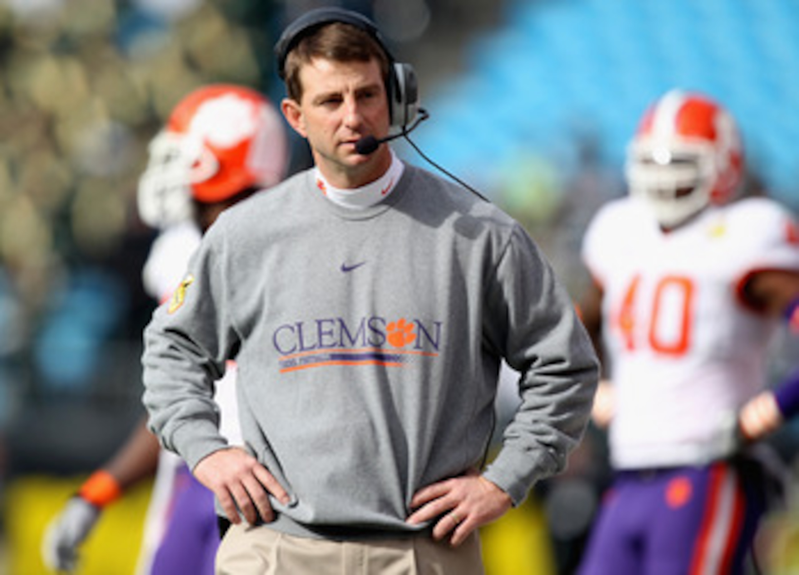 CHARLOTTE, NC - DECEMBER 31:  Head coach Dabo Swinney of the Clemson Tigers reacts to his teams 31-26 loss to the USF Bulls during their game at Bank of America Stadium on December 31, 2010 in Charlotte, North Carolina.  (Photo by Streeter Lecka/Getty Ima