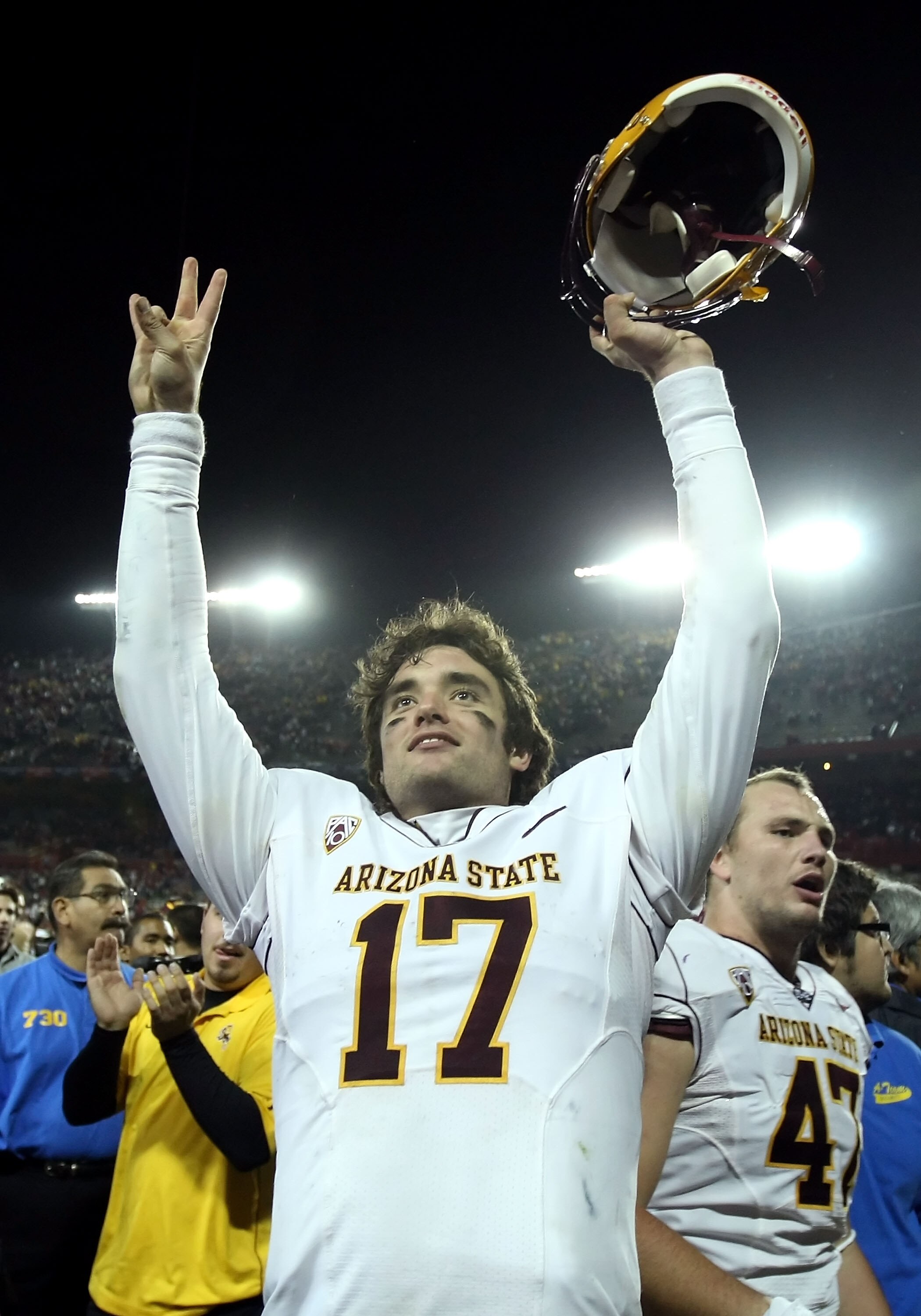 TUCSON, AZ - DECEMBER 02:  Quarterback Brock Osweiler #17 of the Arizona State Sun Devils celebrates after defeating the Arizona Wildcats in college football game at Arizona Stadium on December 2, 2010 in Tucson, Arizona. The Sun Devils defeated the Wildc