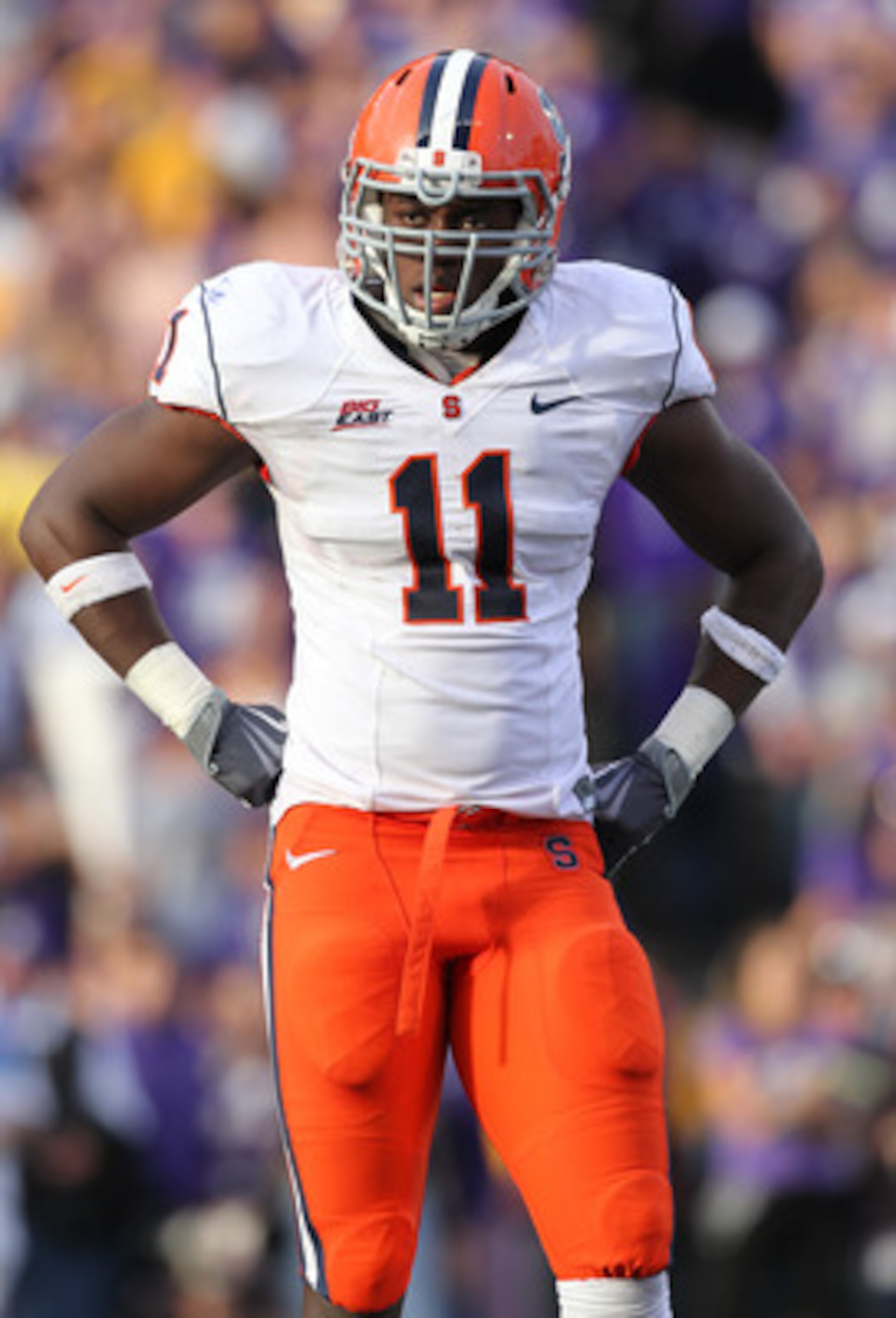 SEATTLE - SEPTEMBER 11:  Marquis Spruill #11 of the Syracuse Orange looks on during the game against the Washington Huskies on September 11, 2010 at Husky Stadium in Seattle, Washington. (Photo by Otto Greule Jr/Getty Images)