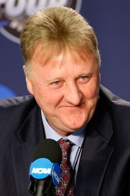 DETROIT - APRIL 06:  Larry Bird answers questions with Earvin 'Magic' Johnson (not pictured) during a news conference to relive their 1979 NCAA Championship Game between Indiana State and Michigan State before the 2009 NCAA Division I Men's Basketball Nat
