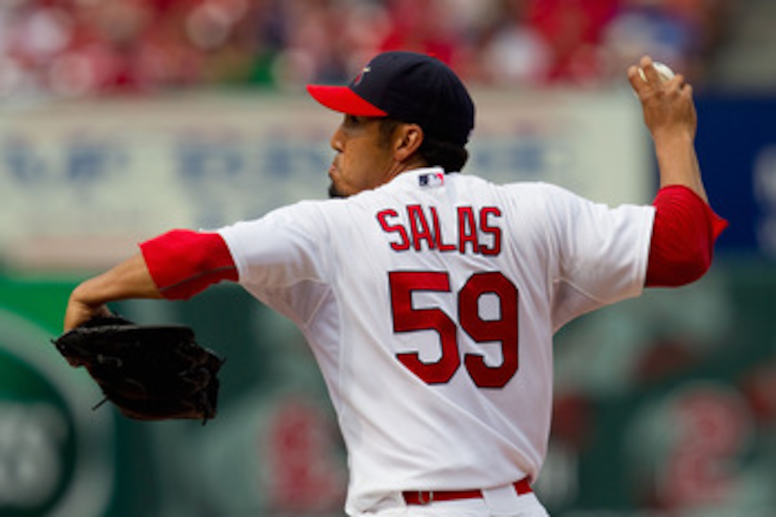 ST. LOUIS, MO - JUNE 5: Reliever Fernando Salas #59 of the St. Louis Cardinals pitches against the Chicago Cubs at Busch Stadium on June 5, 2011 in St. Louis, Missouri.  The Cardinals beat the Cubs 3-2 in 10 innings.  (Photo by Dilip Vishwanat/Getty Image