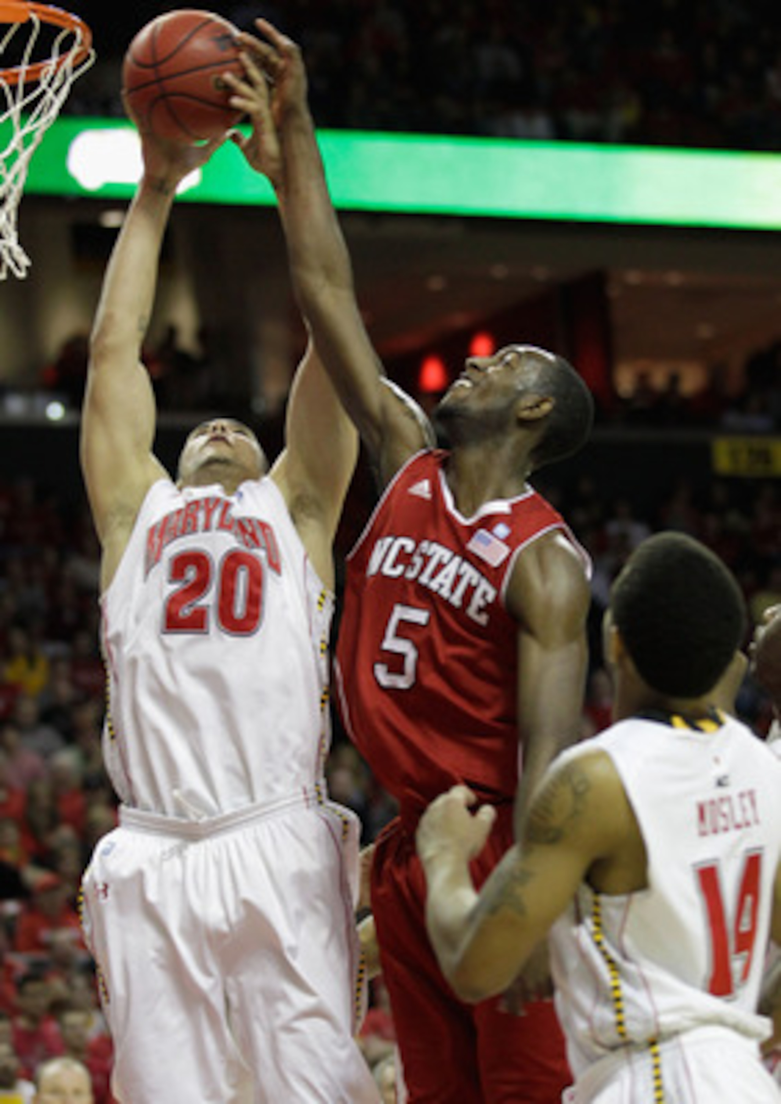 COLLEGE PARK, MD - FEBRUARY 20: Jordan Williams #20 of the  Maryland Terrapians goes up for a rebound against C.J. Leslie #5 of the NC State Wolfpack at the Comcast Center on February 20, 2011 in College Park, Maryland.  (Photo by Rob Carr/Getty Images)