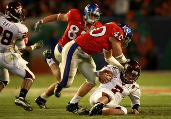 MIAMI - JANUARY 03:  Quarterback Sean Glennon #7 of the Virginia Tech Hokies is sacked in the fourth quarter by linebacker Mike Rivera #40 of the Kansas Jayhawks in the FedEx Orange Bowl at Dolphin Stadium on January 3, 2008 in Miami, Florida. Kansas defe
