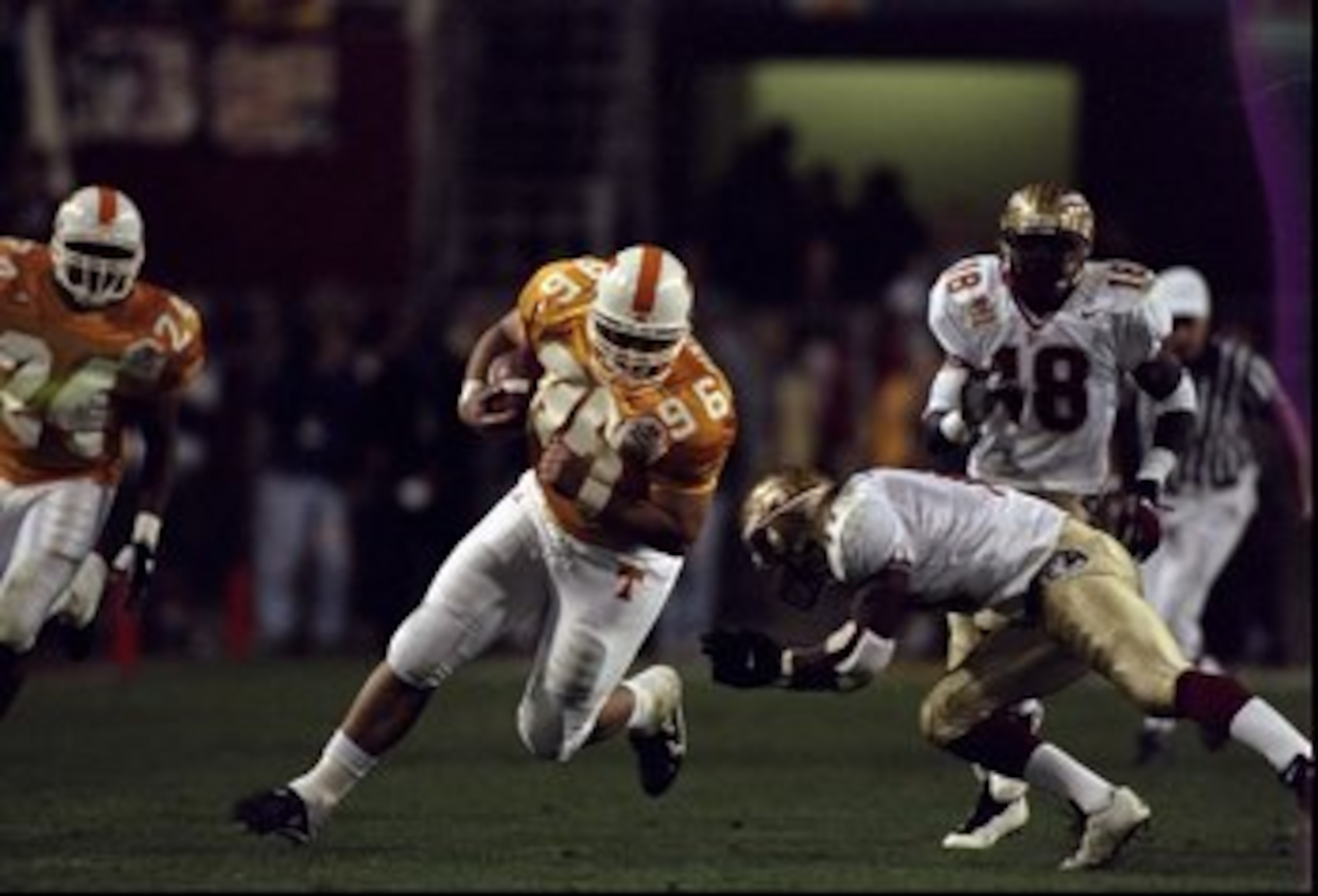4 Jan 1999:  John Finlayson #96 of the Tennessee Volunteers in action during the Tostitos Fiesta Bowl Game against the Florida State Seminoles at the Sun Devil Stadium in Tempe, Arizona. The Volunteers defeated the Seminoles 23-16. Mandatory Credit: Jed J