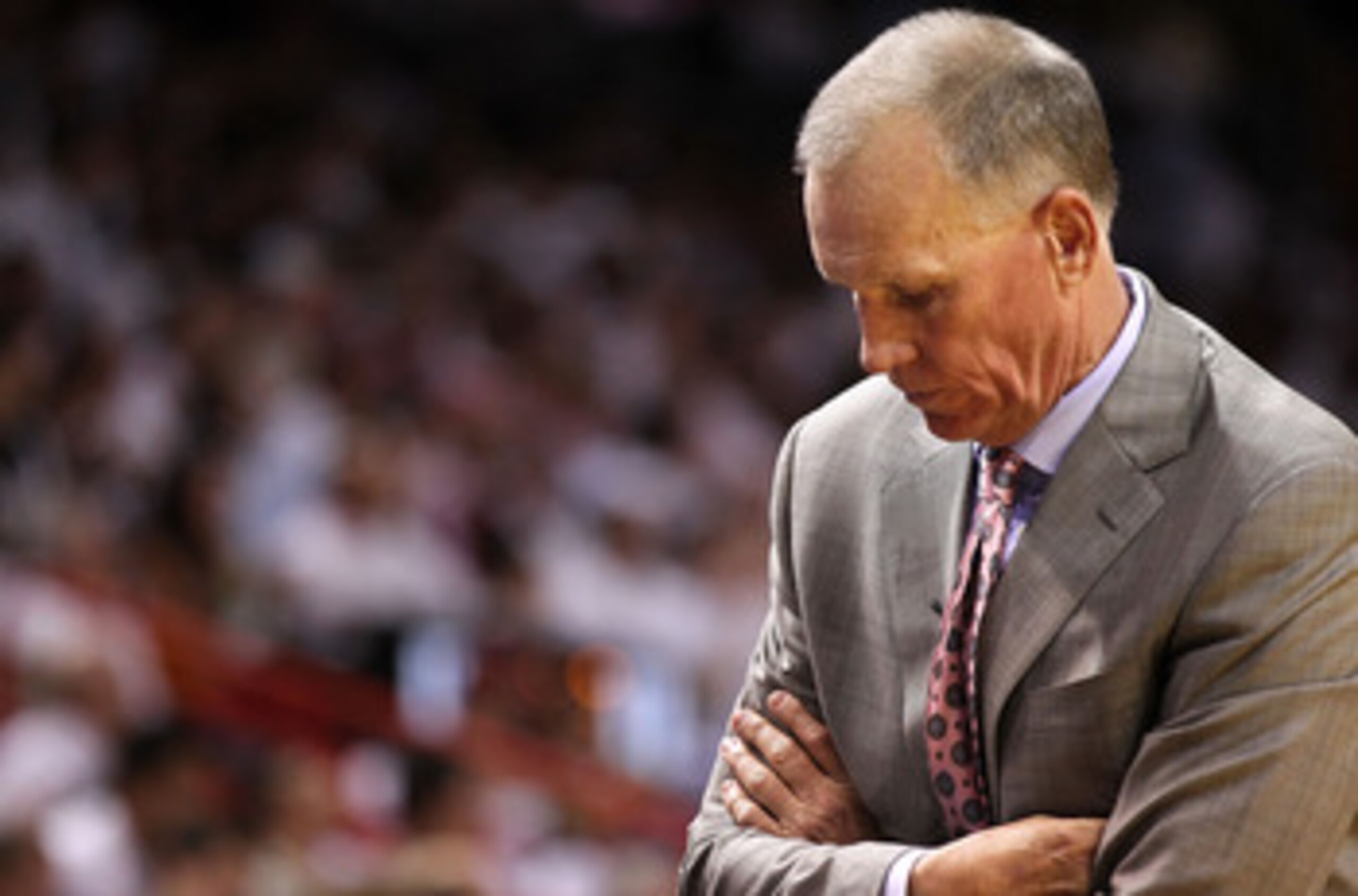 MIAMI, FL - APRIL 27:  Philadelphia 76ers head coach Doug Collins looks on during game five of the Eastern Conference Quarterfinals in the 2011 NBA Playoffs against the Miami Heat at American Airlines Arena on April 27, 2011 in Miami, Florida. NOTE TO USE