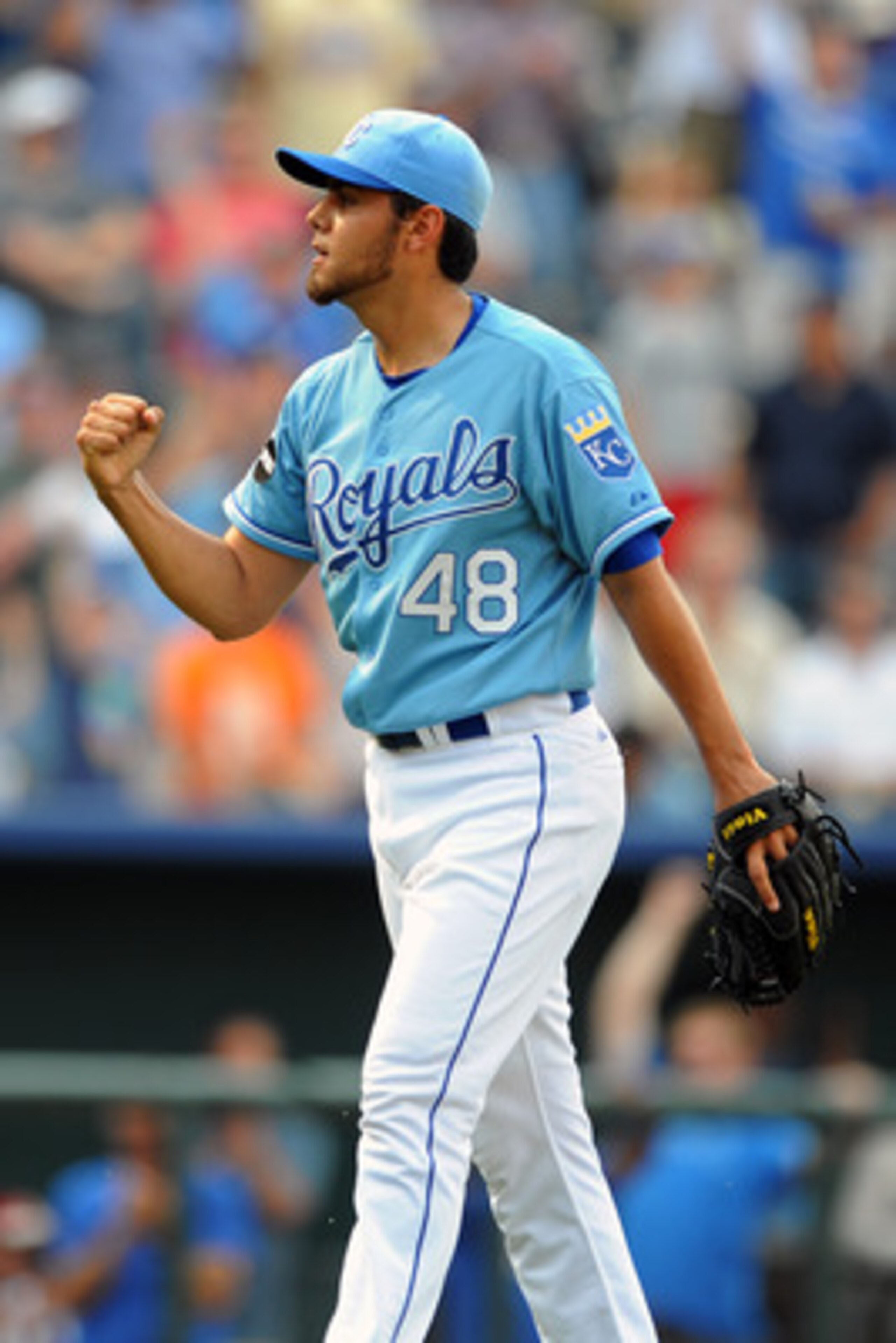 KANSAS CITY, MO - JUNE 9:  Joakim Soria #48 of the Kansas City Royals celebrates following a win against the Toronto Blue Jays at Kauffman Stadium on June 9, 2011 in Kansas City, Missouri. The Royals defeated the Blue Jays 3-2. (Photo by G. Newman Lowranc