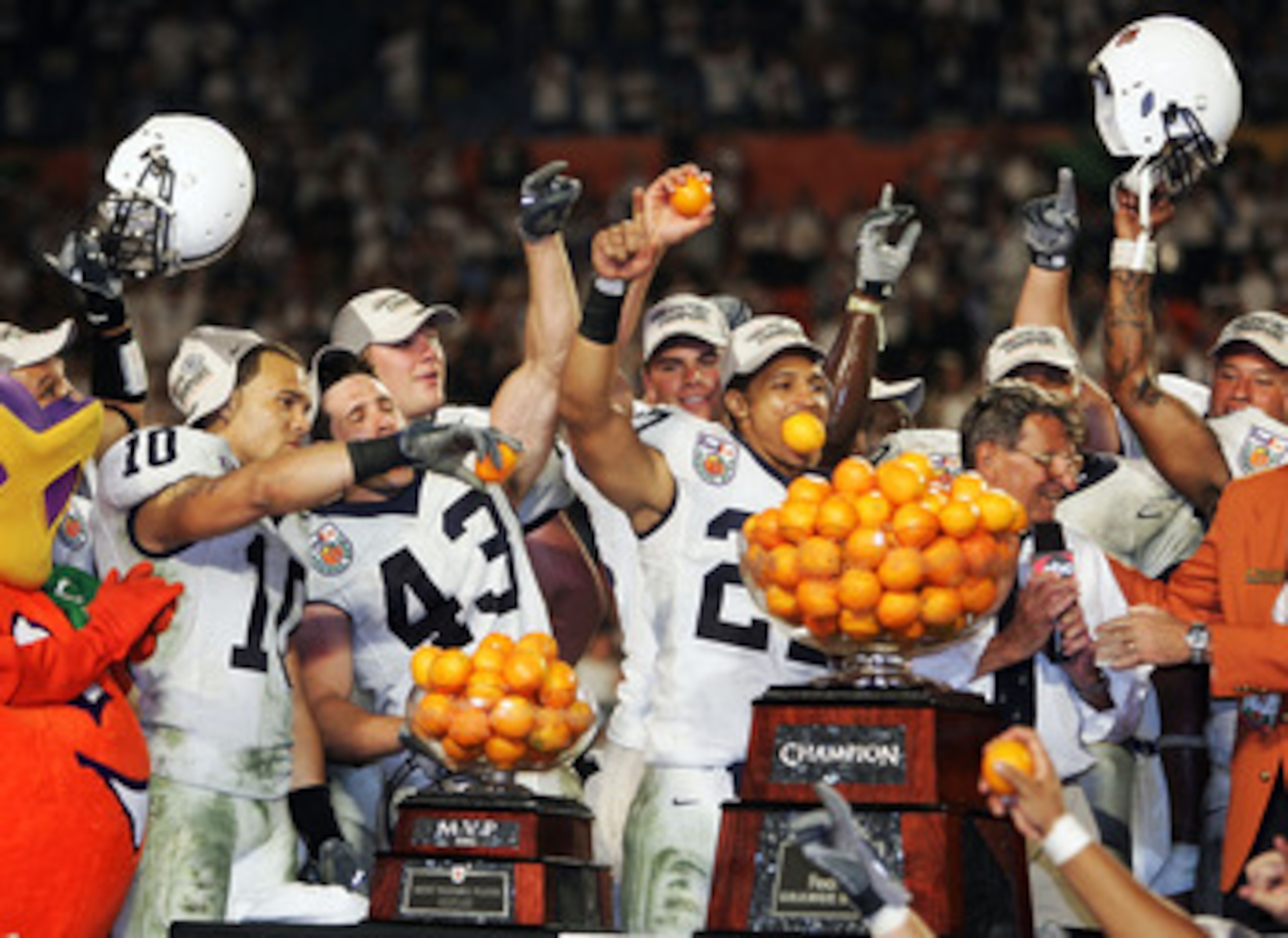 MIAMI - JANUARY 04:  Head coach Joe Paterno of the Penn State Nittany Lions celebrates with his team after defeating the Florida State Seminoles in the FedEx Orange Bowl at Dolphins Stadium on January 4, 2006 in Miami, Florida. Penn State defeated Florida
