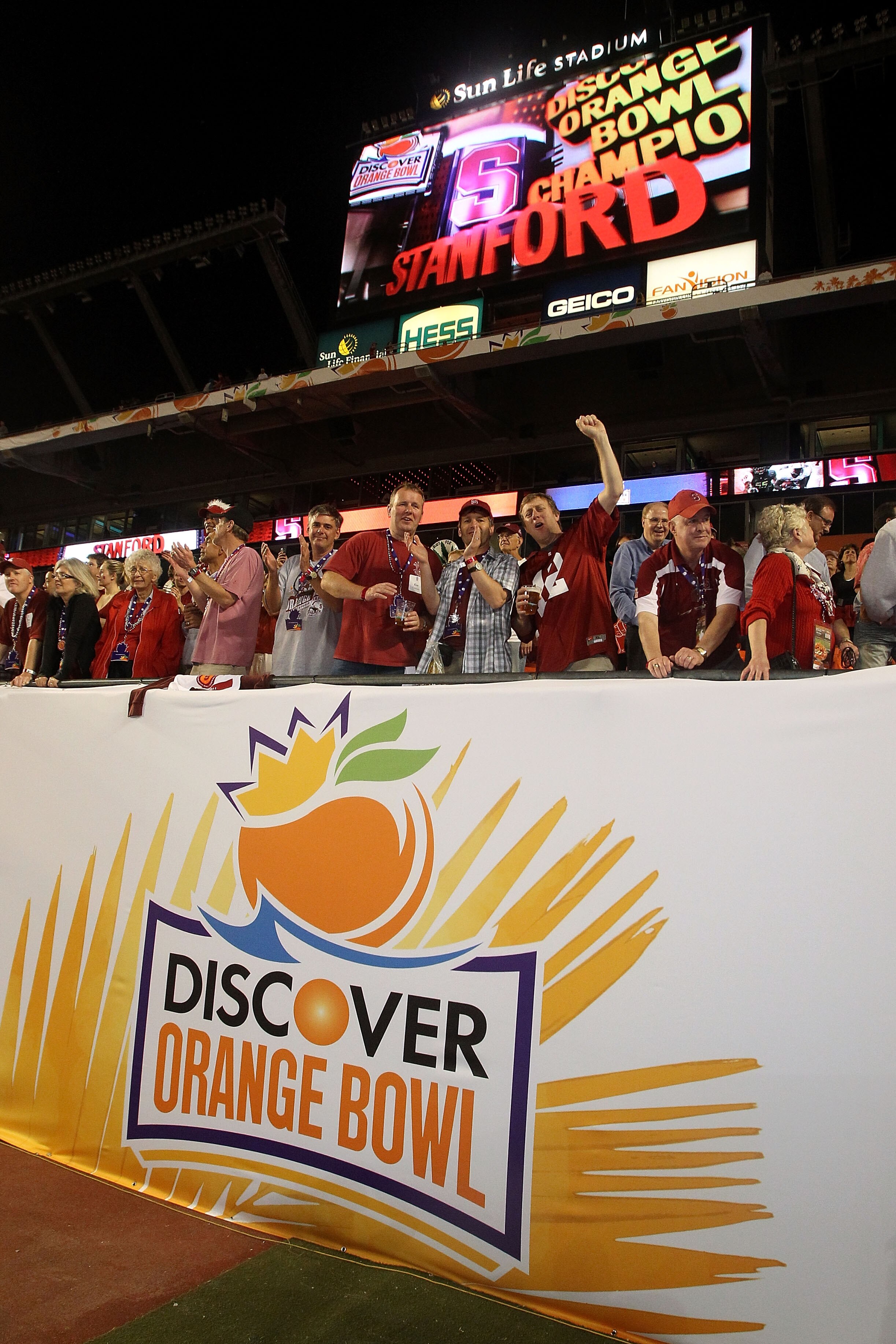MIAMI, FL - JANUARY 03:  Fans of the Stanford Cardinal celebrate after Stanford won 40-12 against the Virginia Tech Hokies during the 2011 Discover Orange Bowl at Sun Life Stadium on January 3, 2011 in Miami, Florida.  (Photo by Streeter Lecka/Getty Image