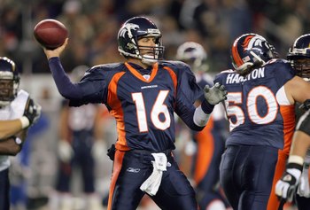 DENVER - NOVEMBER 19: Jake Plummer #16 of the Denver Broncos passes the ball during the game against the San Diego Chargers on November 19, 2006 at Invesco Field at Mile High in Denver, Colorado. (Photo by Doug Pensinger/Getty Images)