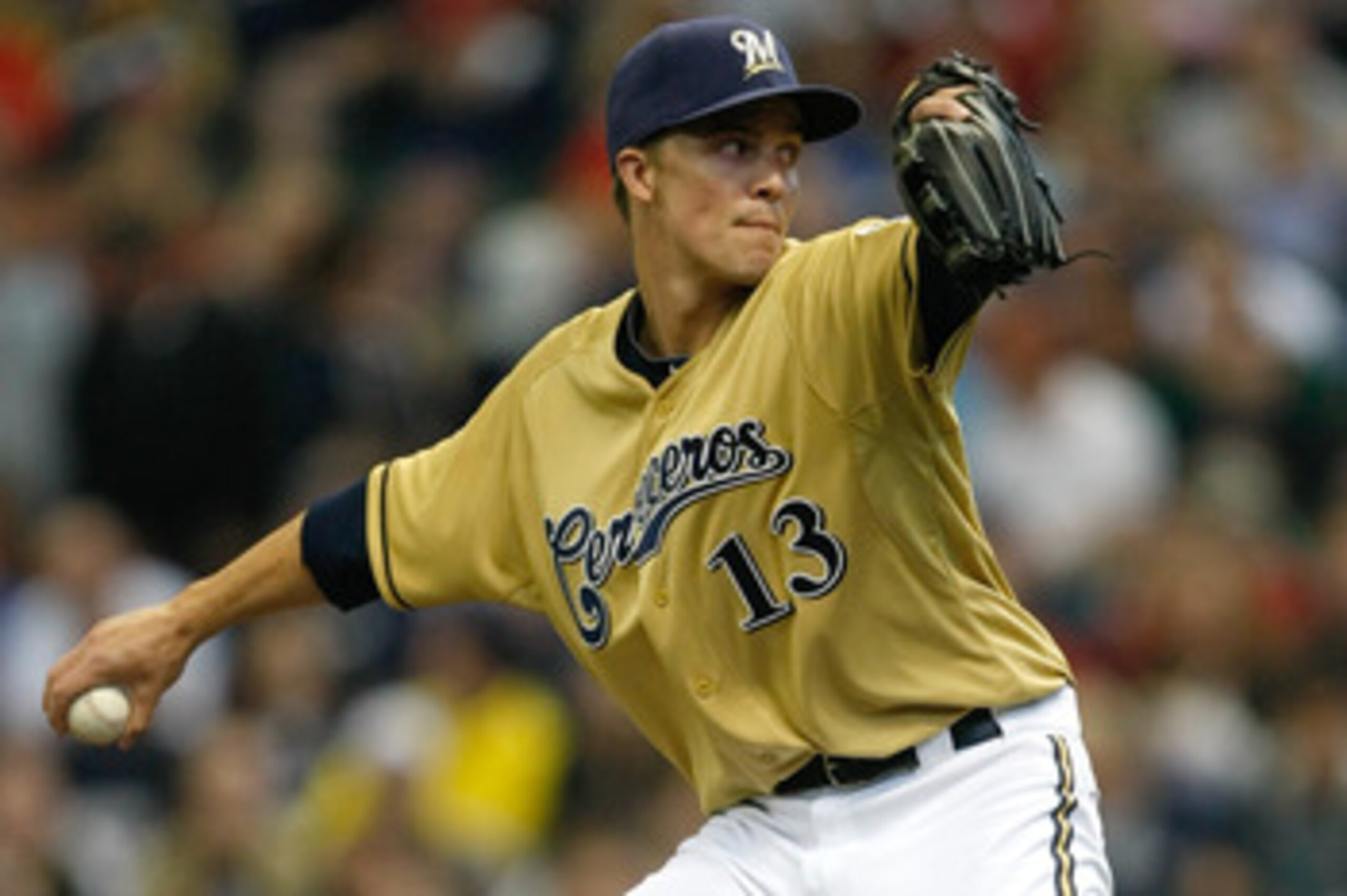 MILWAUKEE, WI - JUNE 11: Zach Greinke #13 of the Milwaukee Brewers pitches against the St. Louis Cardinals at the Miller Park on June 11, 2011 in Milwaukee, Wisconsin. (Photo by Scott Boehm/Getty Images)