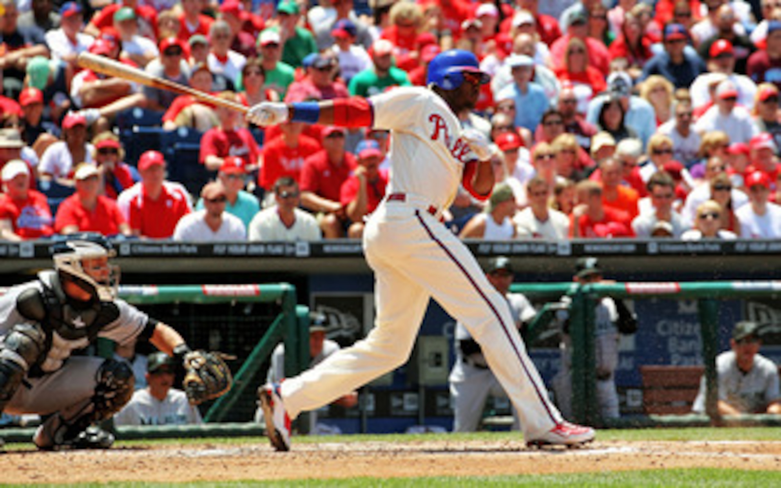 PHILADELPHIA - JUNE 15:  Domonic Brown #9  of the Philadelphia Phillies bats in the third inning against the Florida Marlins during game one of a day night double header at Citizens Bank Park on June 15, 2011 in Philadelphia, Pennsylvania.  The Phillies d