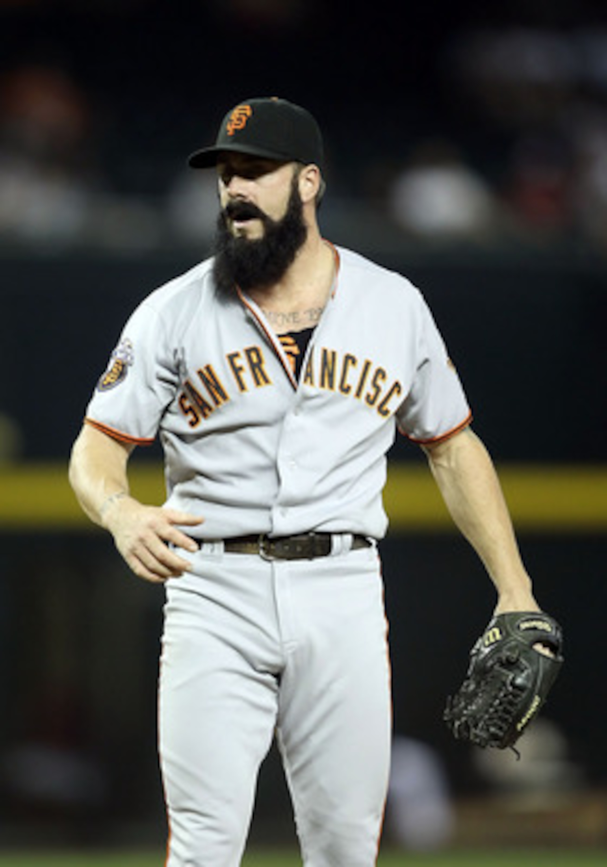 PHOENIX, AZ - JUNE 15:  Relief pitcher Brian Wilson #38 of the San Francisco Giants during the Major League Baseball game against the Arizona Diamondbacks at Chase Field on June 15, 2011 in Phoenix, Arizona. The Giants defeated the Diamondbacks 5-2.  (Pho