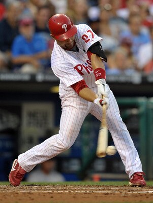 PHILADELPHIA, PA - JUNE 06: Placido Polanco #27 of the Philadelphia Phillies hits a one-run single during the game against the  Los Angeles Dodgers at Citizens Bank Park on June 6, 2011 in Philadelphia, Pennsylvania. (Photo by Drew Hallowell/Getty Images)